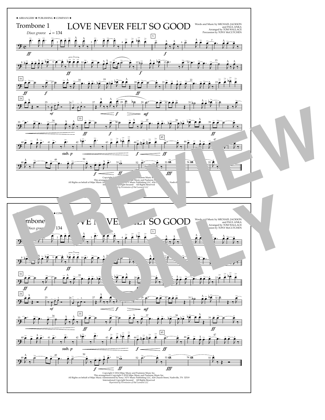 Tom Wallace Love Never Felt So Good - Trombone 1 Sheet Music Notes & Chords for Marching Band - Download or Print PDF
