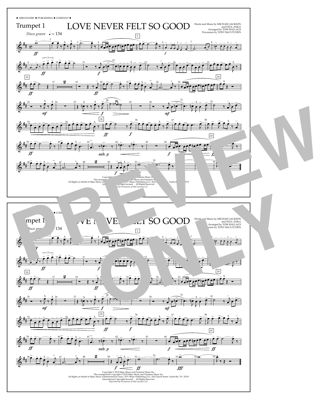 Tom Wallace Love Never Felt So Good - Trumpet 1 Sheet Music Notes & Chords for Marching Band - Download or Print PDF