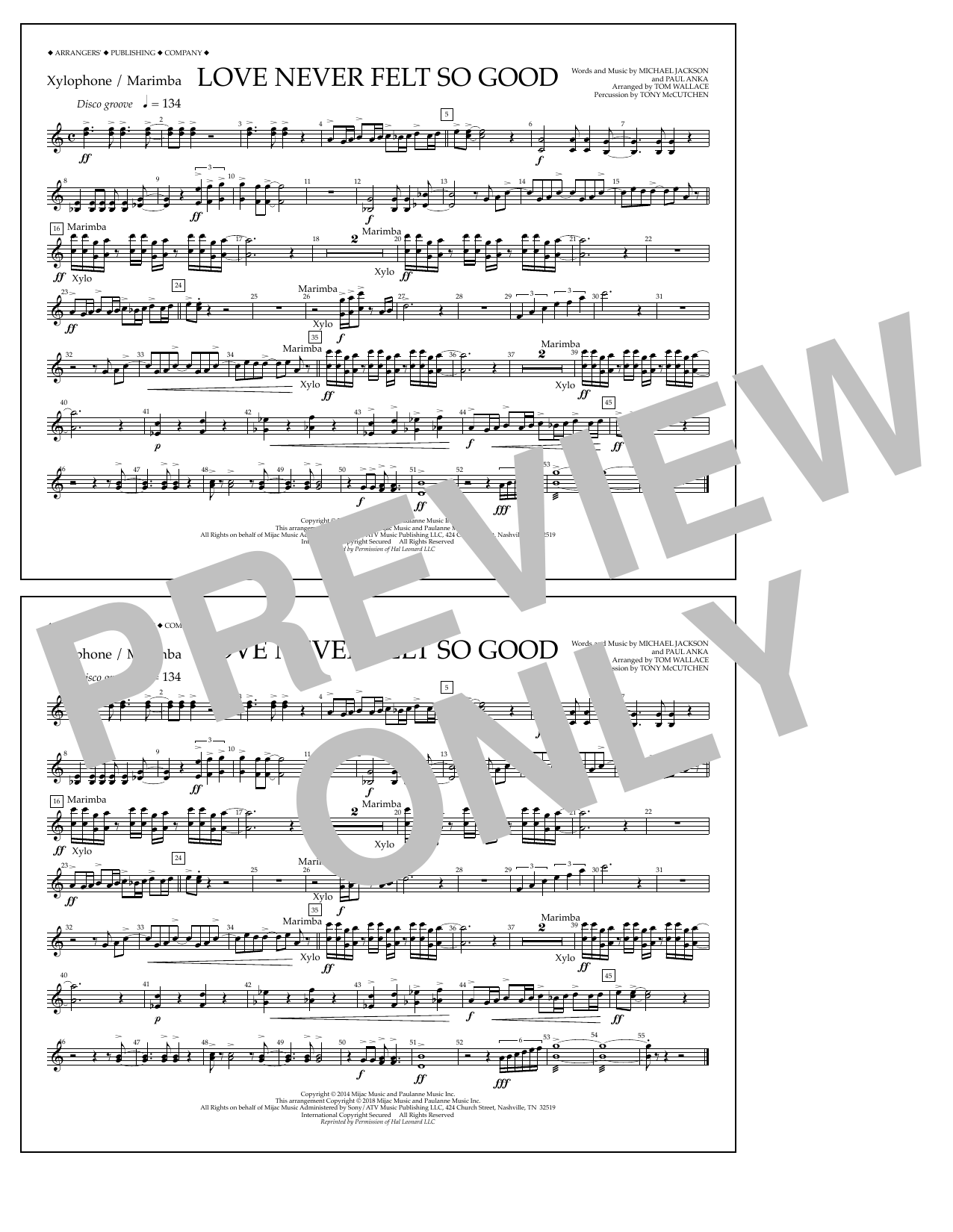 Tom Wallace Love Never Felt So Good - Xylophone/Marimba Sheet Music Notes & Chords for Marching Band - Download or Print PDF
