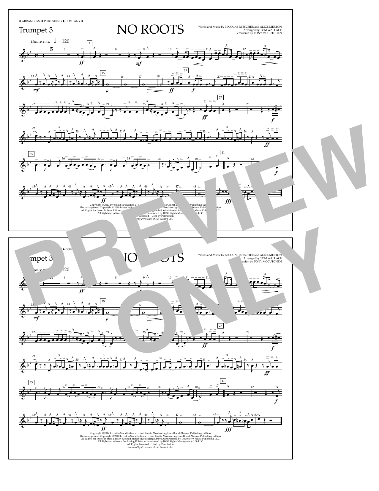 Tom Wallace No Roots - Trumpet 3 Sheet Music Notes & Chords for Marching Band - Download or Print PDF Tom Wallace No Roots - Trumpet 3 Sheet Music Notes & Chords for Marching Band - Download or Print PDF