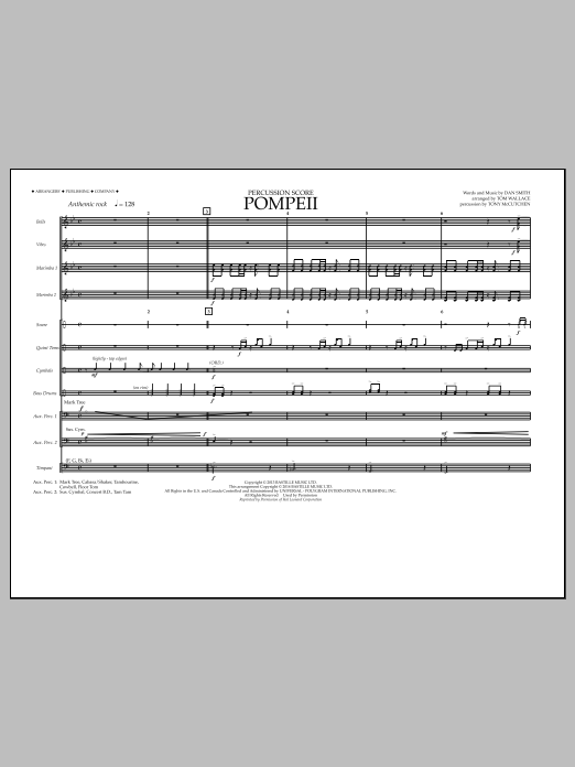 Tom Wallace Pompeii - Percussion Score Sheet Music Notes & Chords for Marching Band - Download or Print PDF