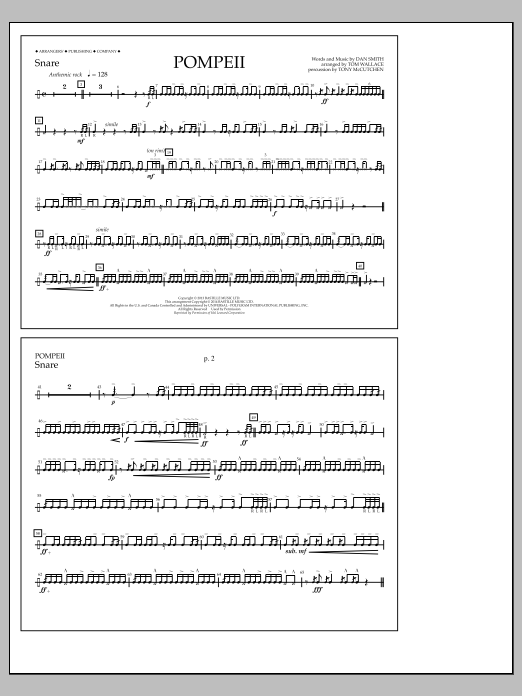 Tom Wallace Pompeii - Snare Sheet Music Notes & Chords for Marching Band - Download or Print PDF