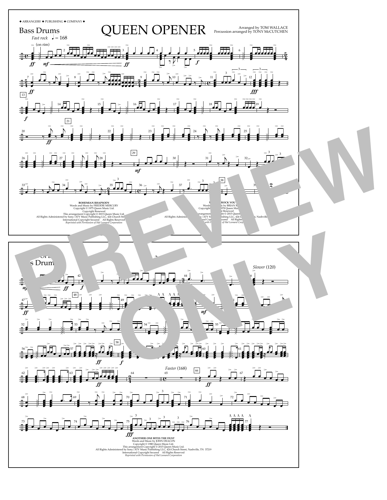 Tom Wallace Queen Opener - Bass Drums Sheet Music Notes & Chords for Marching Band - Download or Print PDF