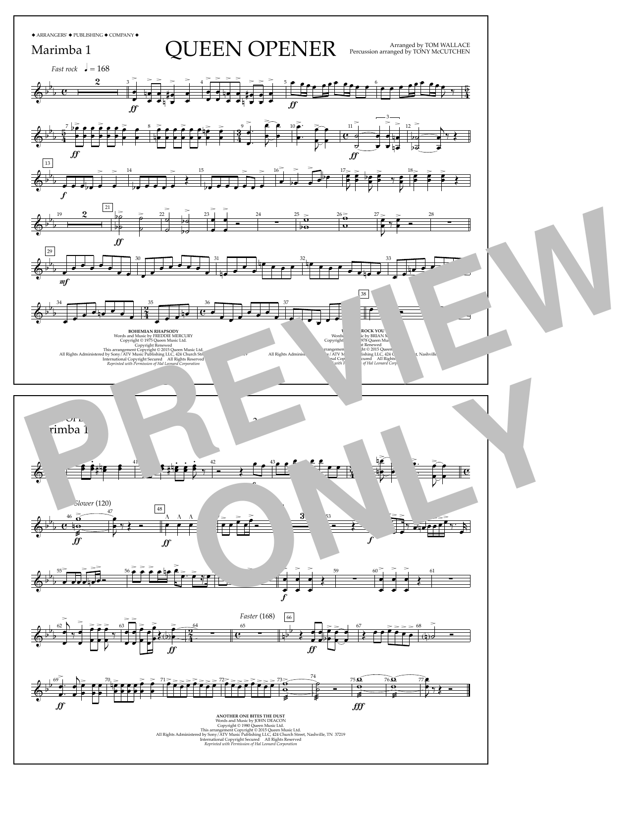 Tom Wallace Queen Opener - Marimba 1 Sheet Music Notes & Chords for Marching Band - Download or Print PDF