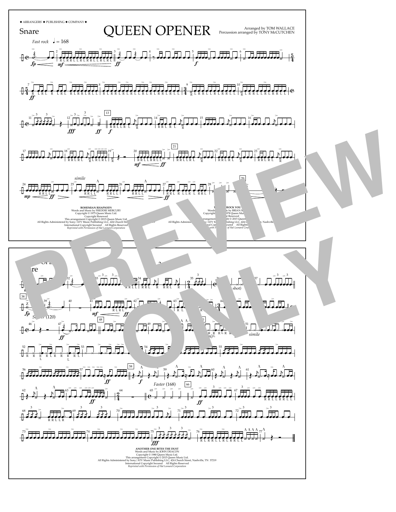 Tom Wallace Queen Opener - Snare Sheet Music Notes & Chords for Marching Band - Download or Print PDF