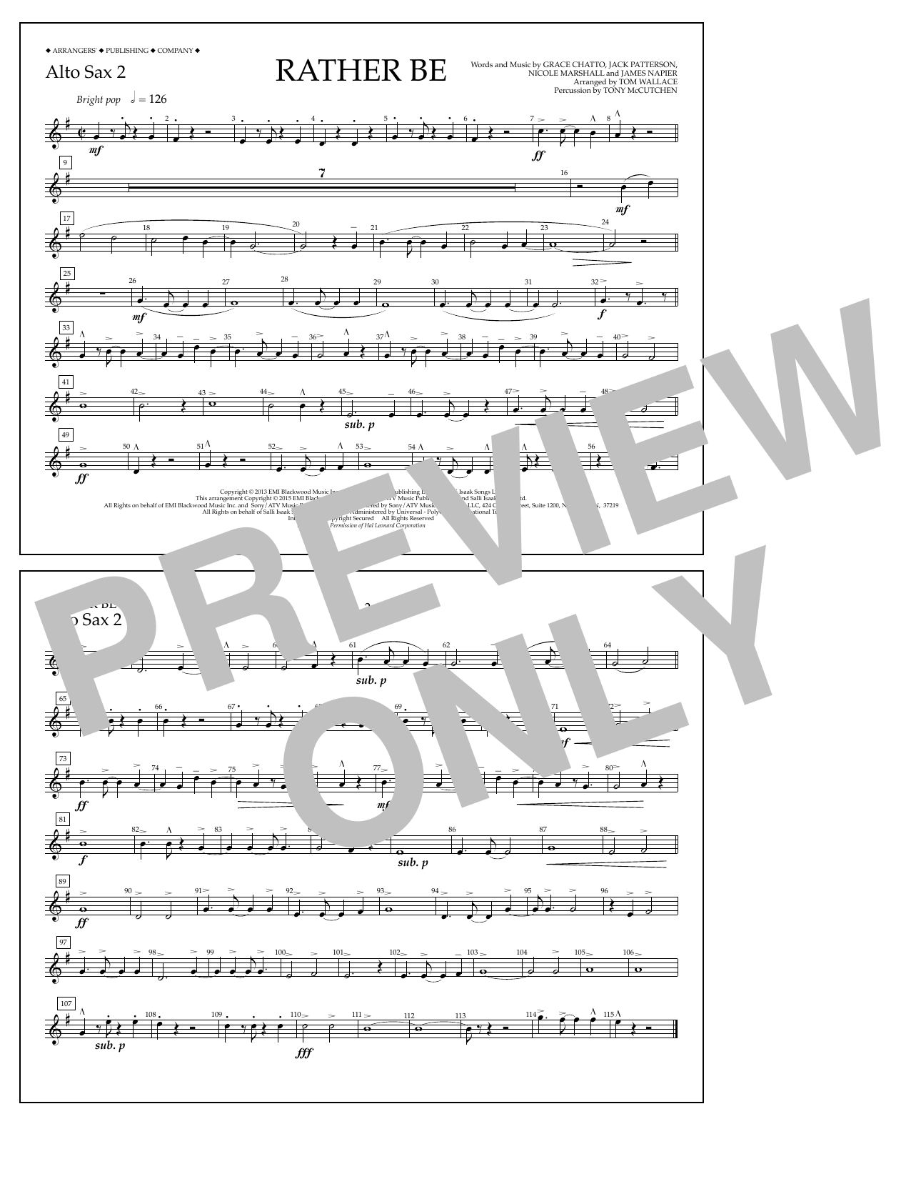 Tom Wallace Rather Be - Alto Sax 2 Sheet Music Notes & Chords for Marching Band - Download or Print PDF