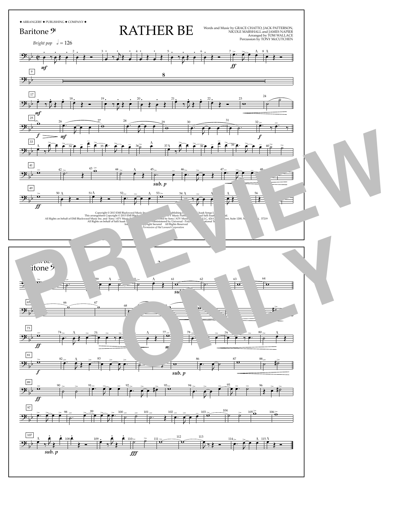 Tom Wallace Rather Be - Baritone B.C. Sheet Music Notes & Chords for Marching Band - Download or Print PDF