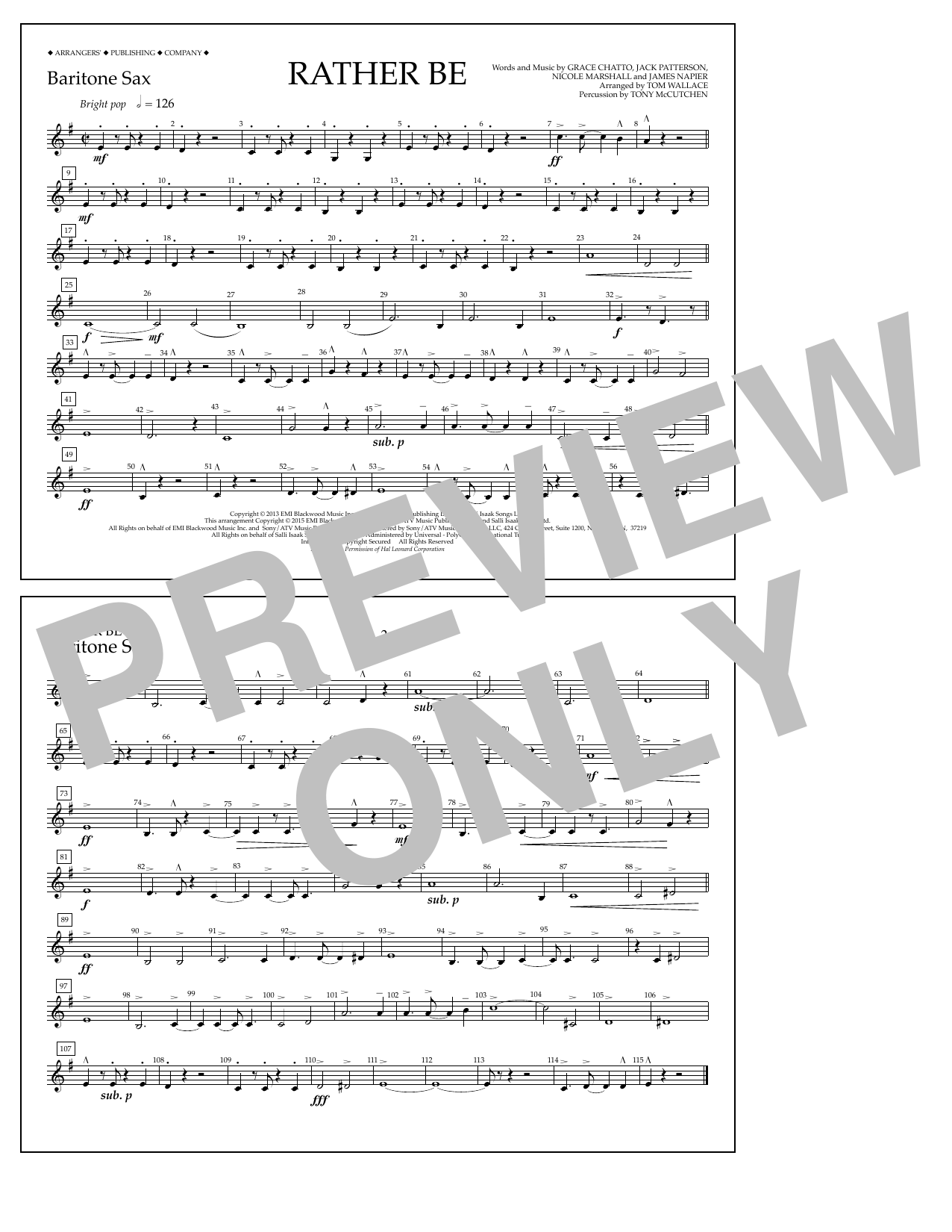 Tom Wallace Rather Be - Baritone Sax Sheet Music Notes & Chords for Marching Band - Download or Print PDF