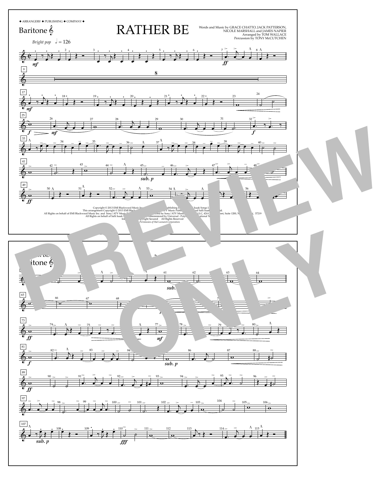 Tom Wallace Rather Be - Baritone T.C. Sheet Music Notes & Chords for Marching Band - Download or Print PDF
