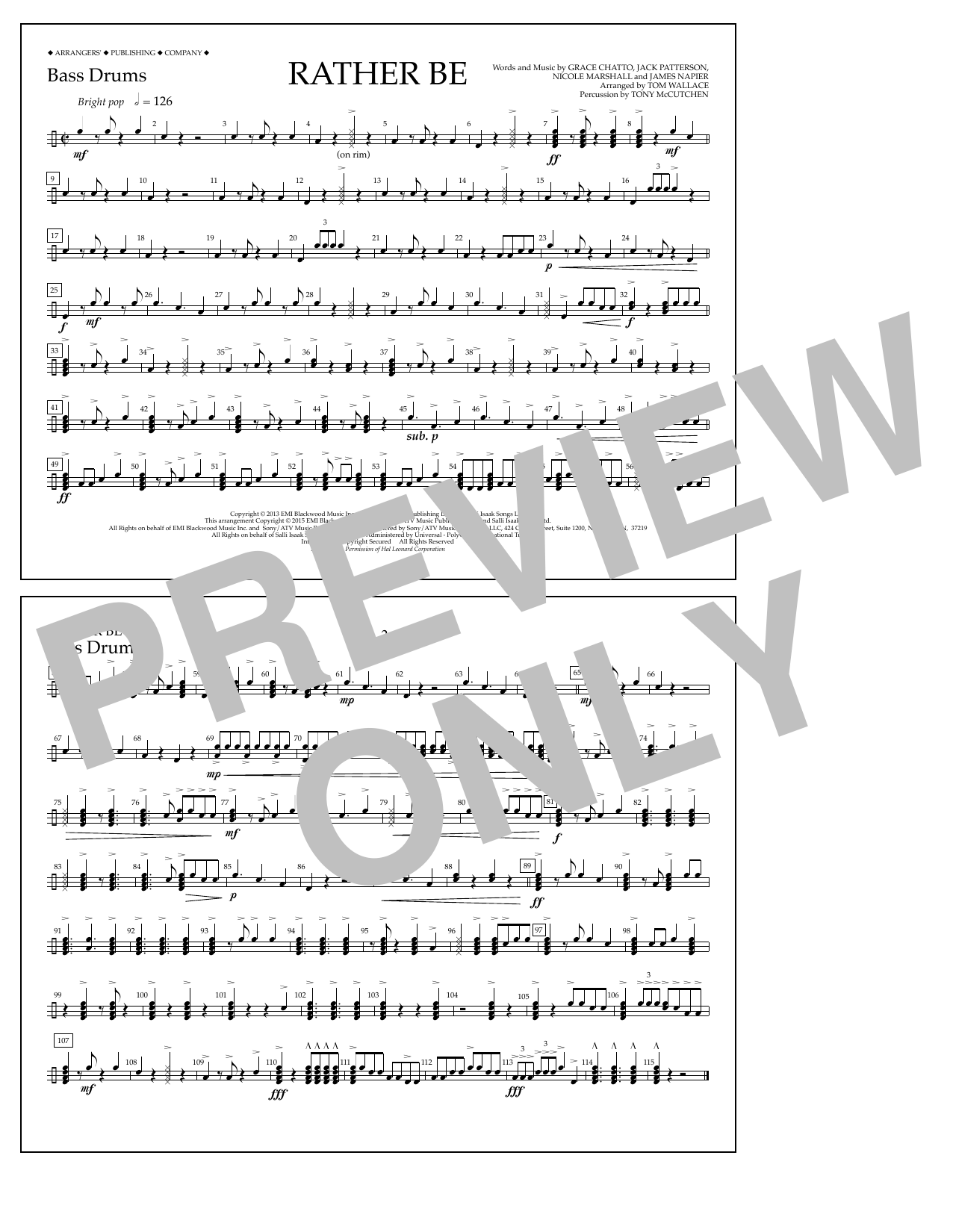 Tom Wallace Rather Be - Bass Drums Sheet Music Notes & Chords for Marching Band - Download or Print PDF