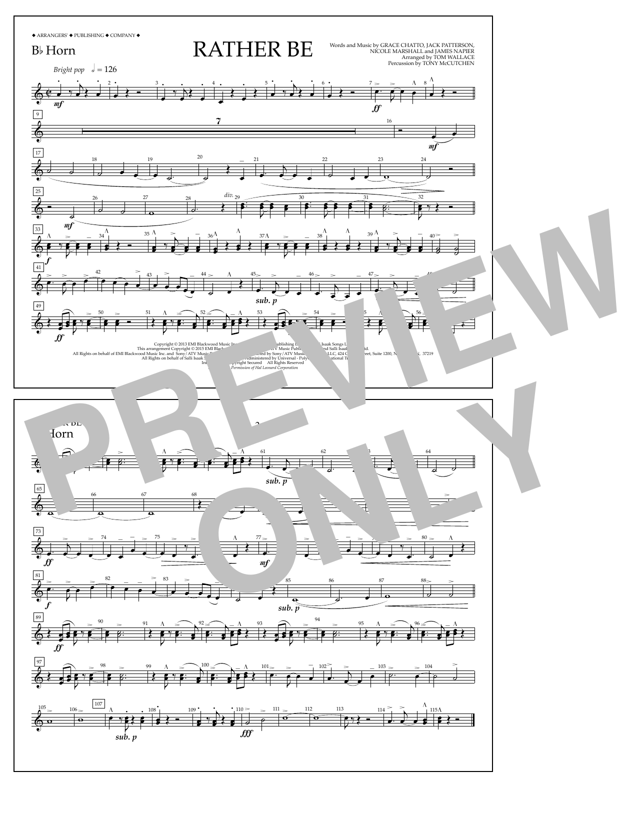 Tom Wallace Rather Be - Bb Horn Sheet Music Notes & Chords for Marching Band - Download or Print PDF