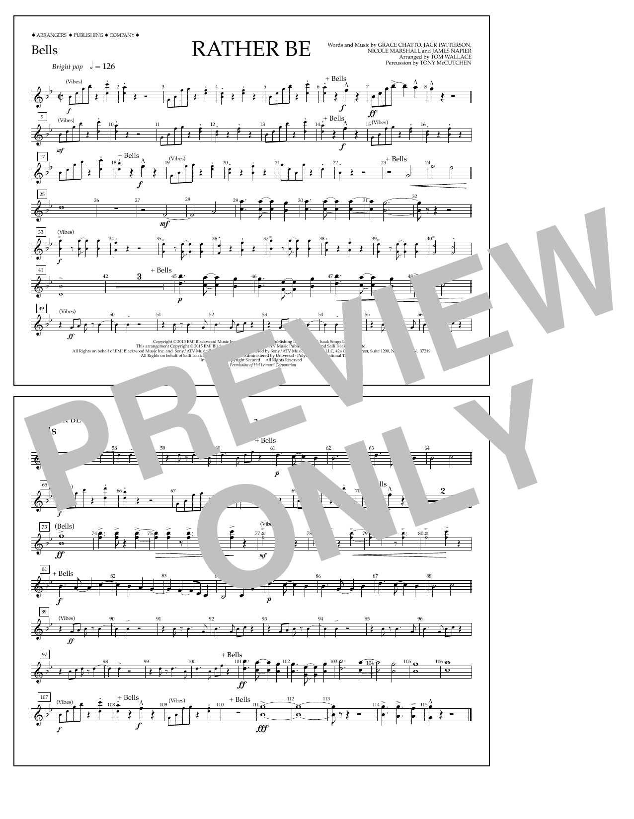 Tom Wallace Rather Be - Bells Sheet Music Notes & Chords for Marching Band - Download or Print PDF