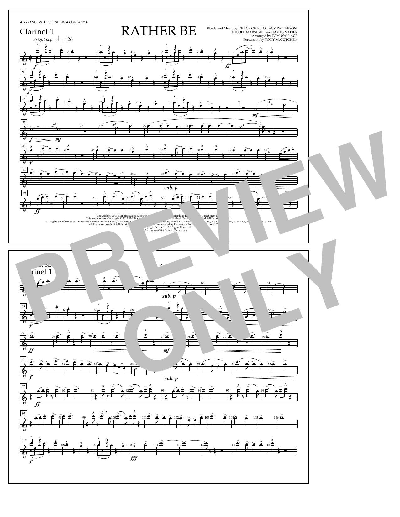 Tom Wallace Rather Be - Clarinet 1 Sheet Music Notes & Chords for Marching Band - Download or Print PDF
