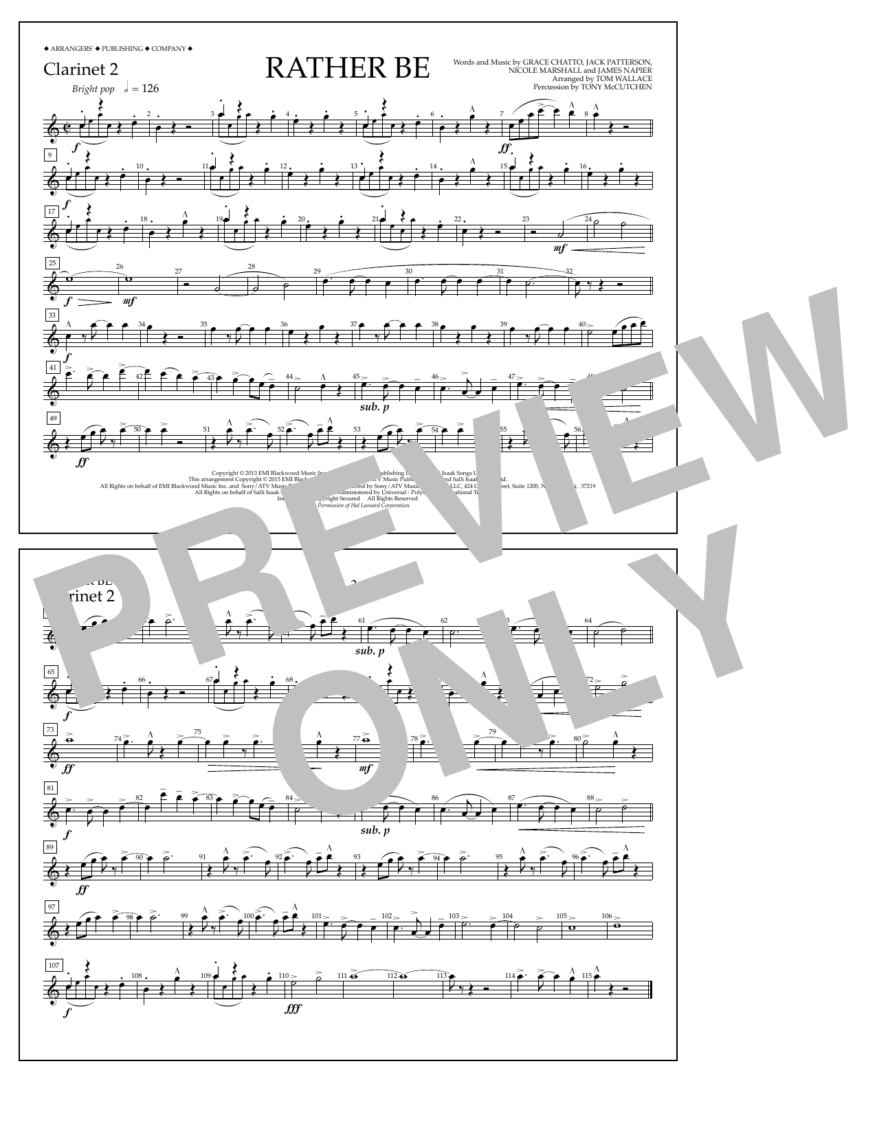 Tom Wallace Rather Be - Clarinet 2 Sheet Music Notes & Chords for Marching Band - Download or Print PDF