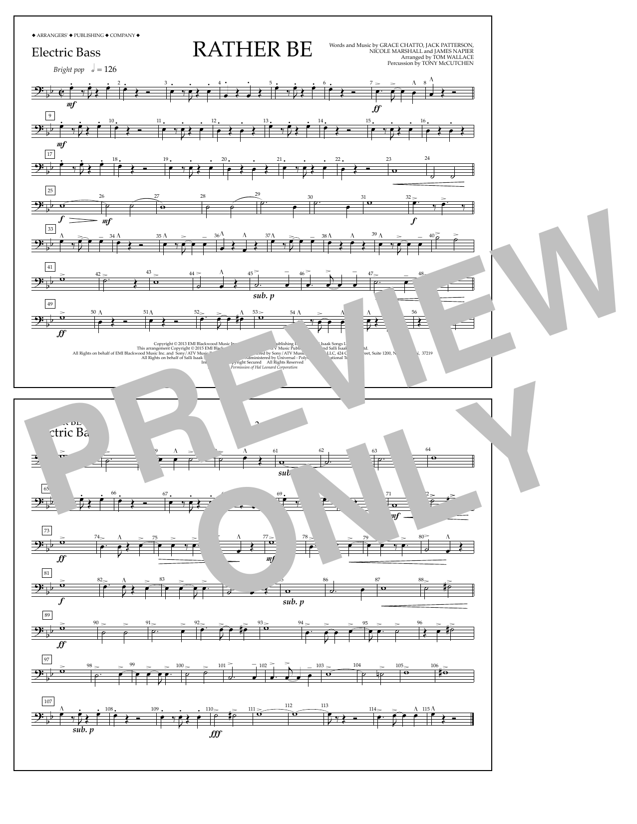 Tom Wallace Rather Be - Electric Bass Sheet Music Notes & Chords for Marching Band - Download or Print PDF