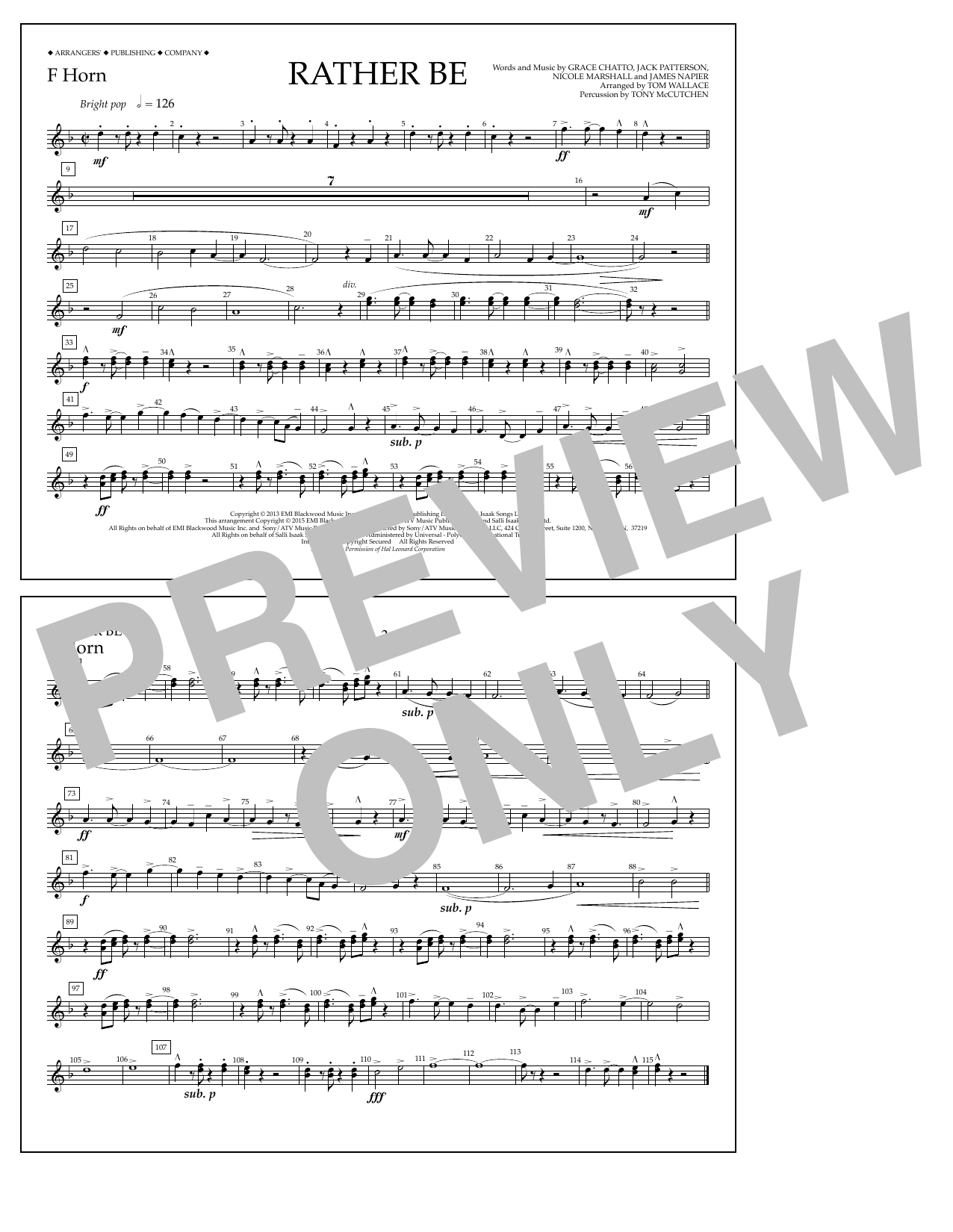 Tom Wallace Rather Be - F Horn Sheet Music Notes & Chords for Marching Band - Download or Print PDF