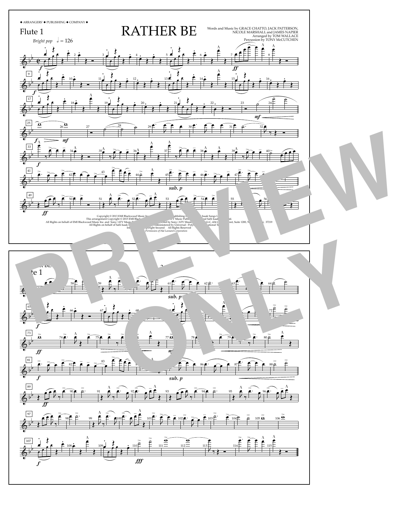 Tom Wallace Rather Be - Flute 1 Sheet Music Notes & Chords for Marching Band - Download or Print PDF