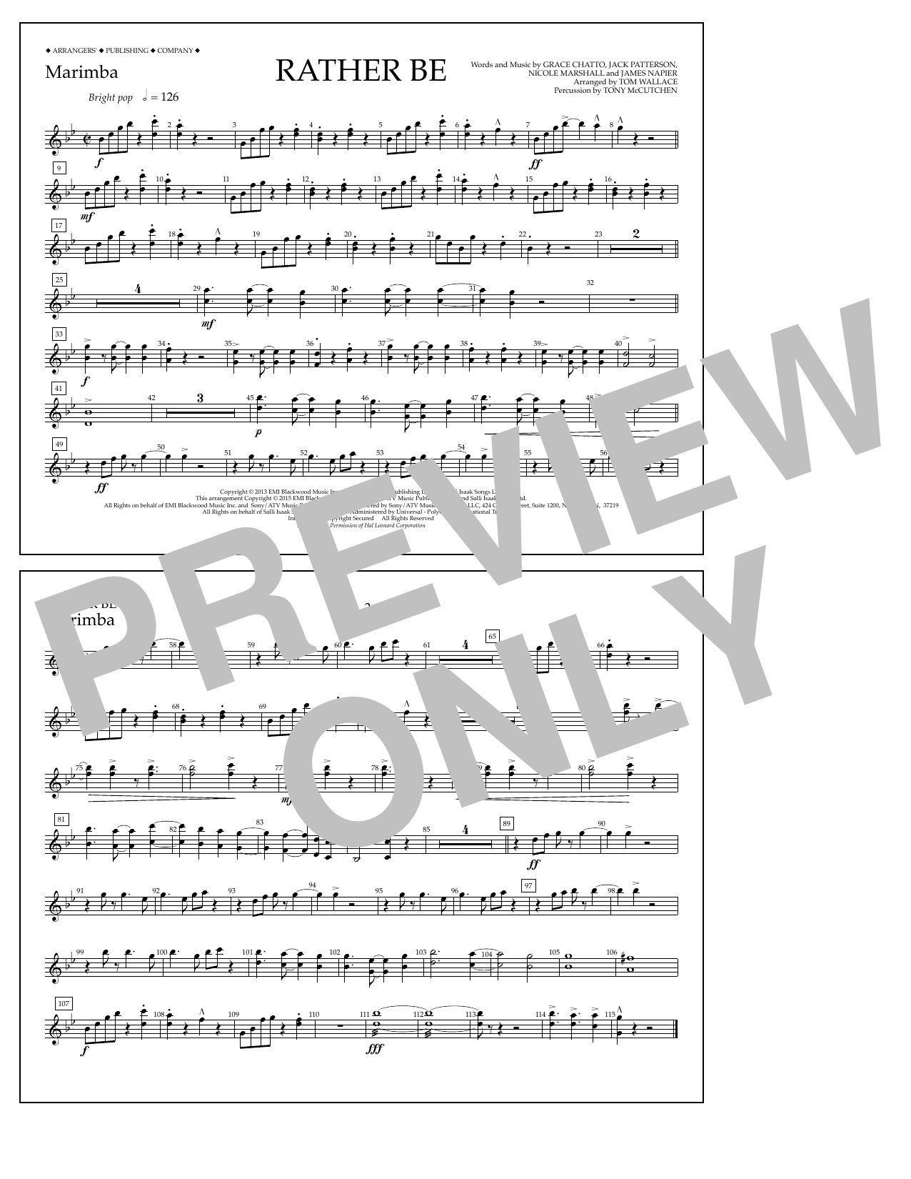 Tom Wallace Rather Be - Marimba Sheet Music Notes & Chords for Marching Band - Download or Print PDF