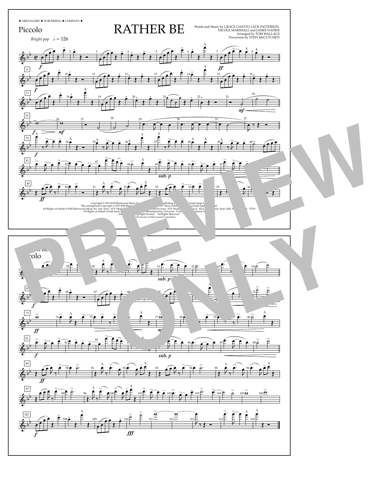 Tom Wallace Rather Be - Piccolo Sheet Music Notes & Chords for Marching Band - Download or Print PDF