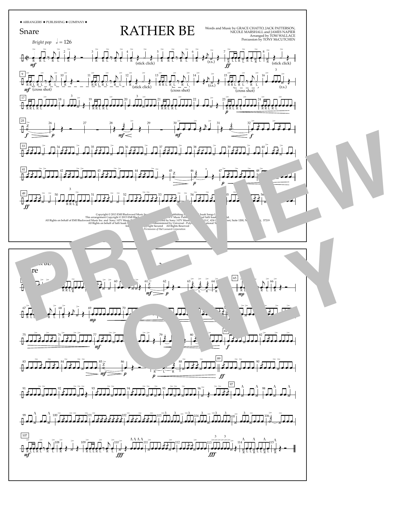 Tom Wallace Rather Be - Snare Sheet Music Notes & Chords for Marching Band - Download or Print PDF