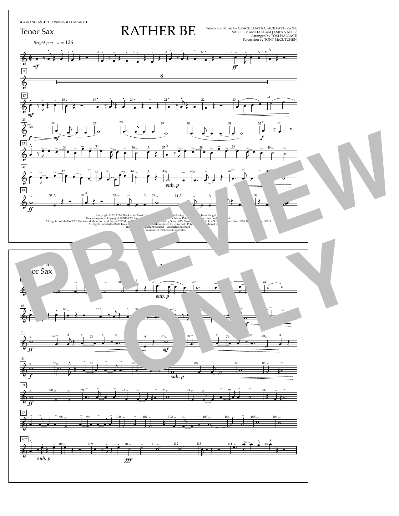 Tom Wallace Rather Be - Tenor Sax Sheet Music Notes & Chords for Marching Band - Download or Print PDF