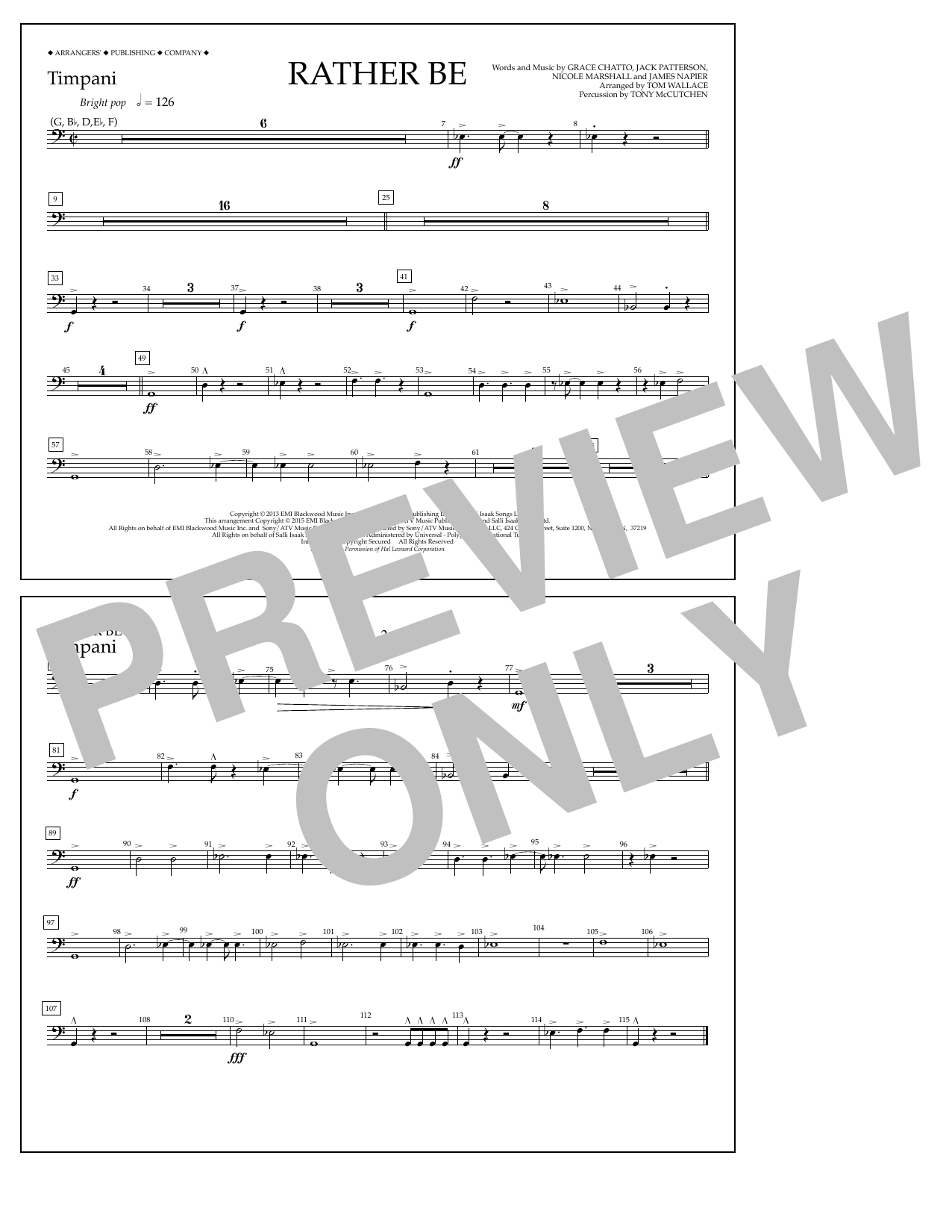 Tom Wallace Rather Be - Timpani Sheet Music Notes & Chords for Marching Band - Download or Print PDF