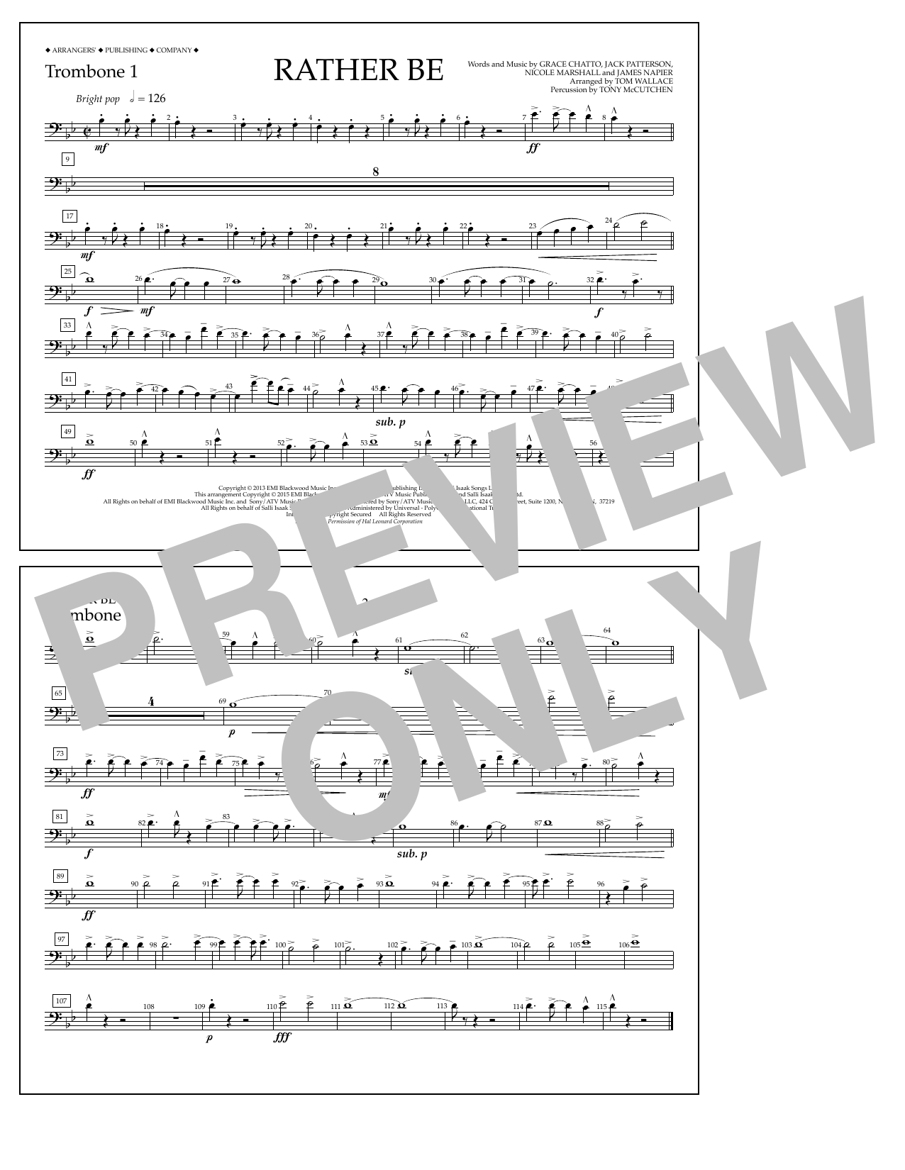 Tom Wallace Rather Be - Trombone 1 Sheet Music Notes & Chords for Marching Band - Download or Print PDF