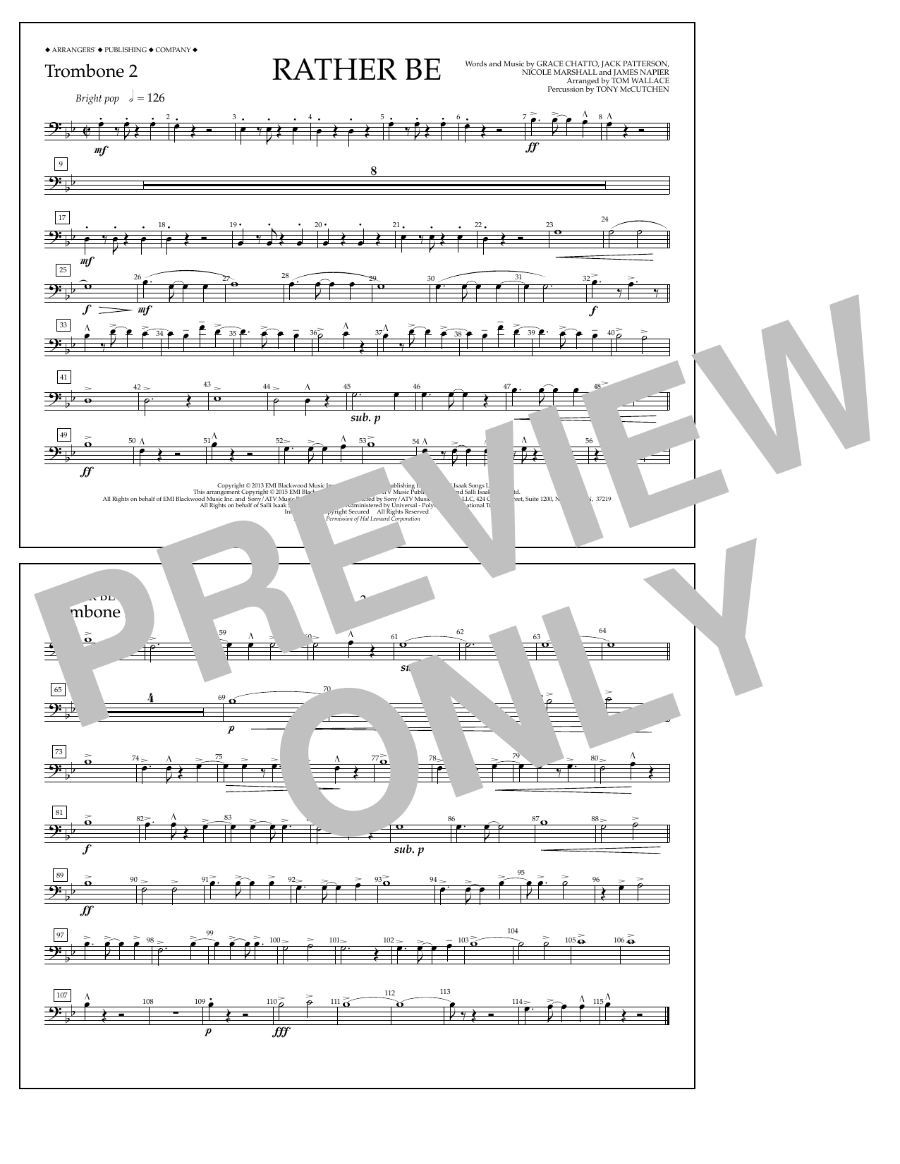 Tom Wallace Rather Be - Trombone 2 Sheet Music Notes & Chords for Marching Band - Download or Print PDF