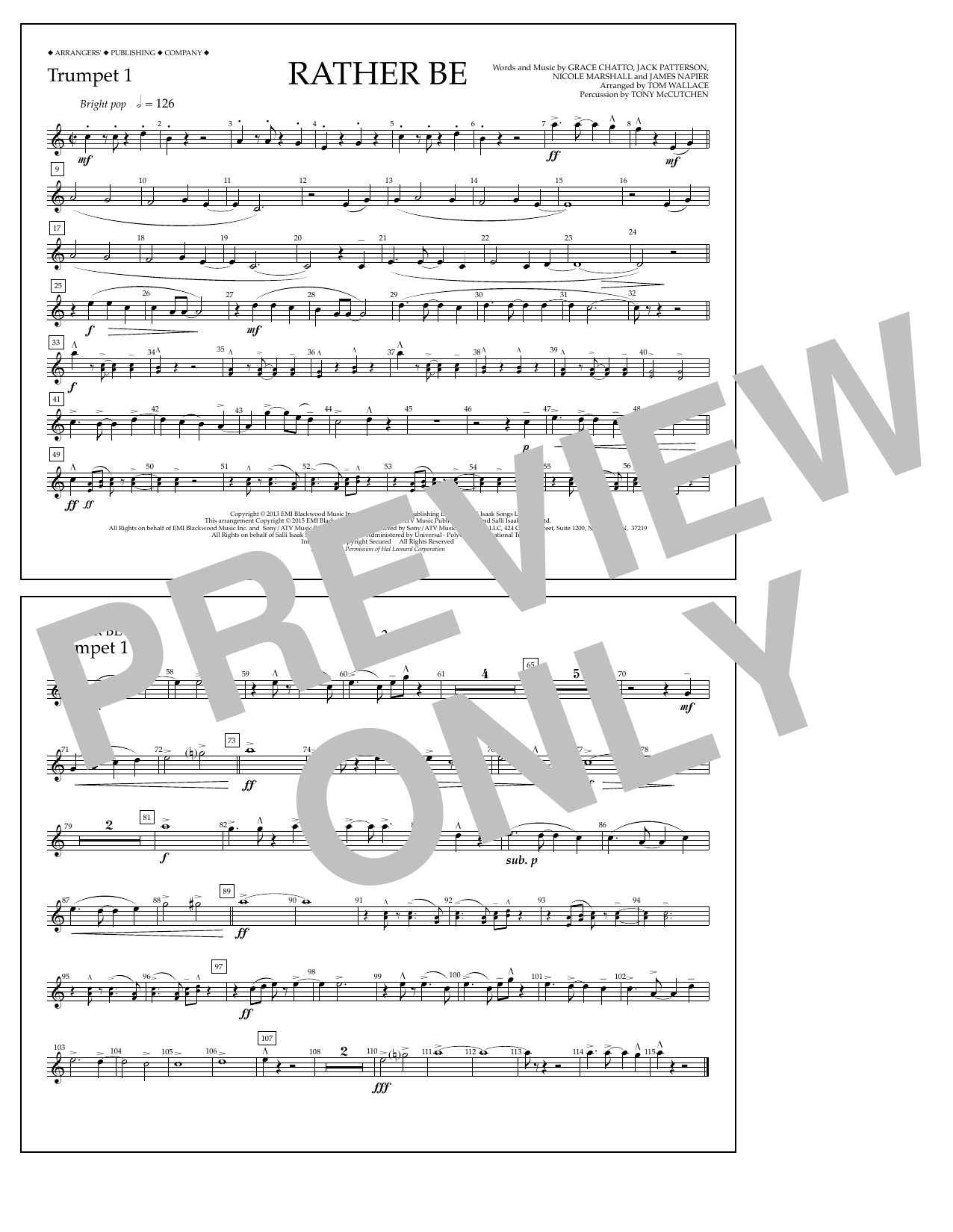 Tom Wallace Rather Be - Trumpet 1 Sheet Music Notes & Chords for Marching Band - Download or Print PDF