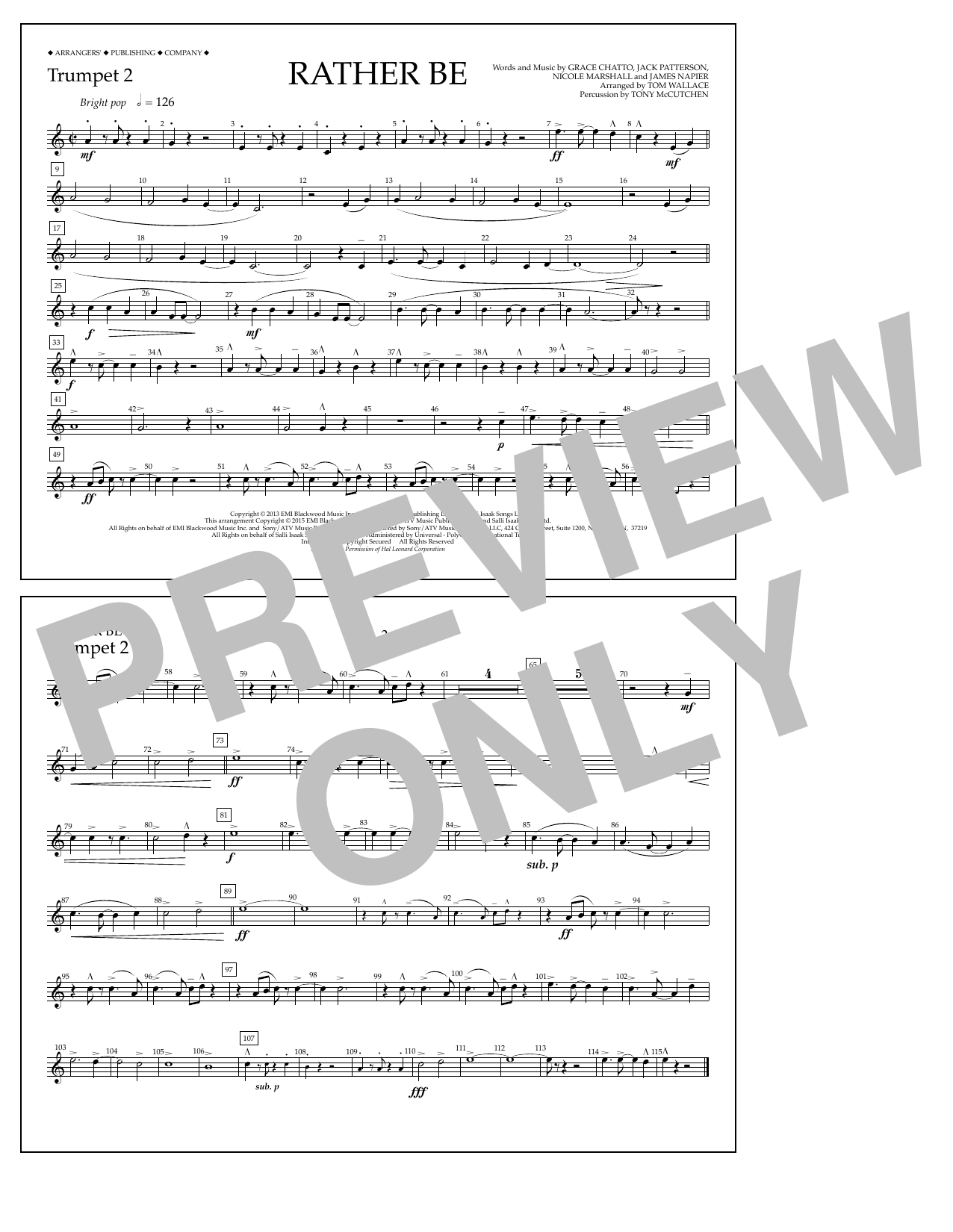 Tom Wallace Rather Be - Trumpet 2 Sheet Music Notes & Chords for Marching Band - Download or Print PDF