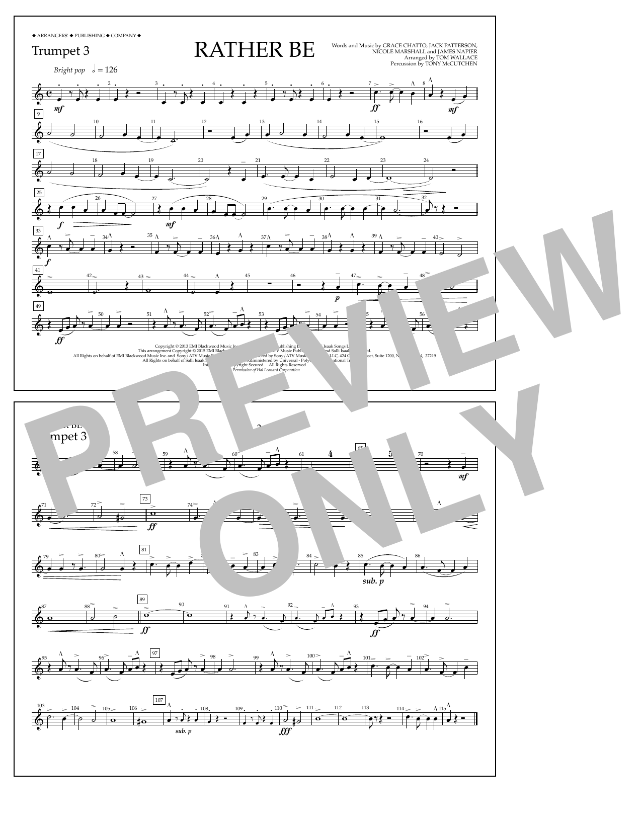 Tom Wallace Rather Be - Trumpet 3 Sheet Music Notes & Chords for Marching Band - Download or Print PDF