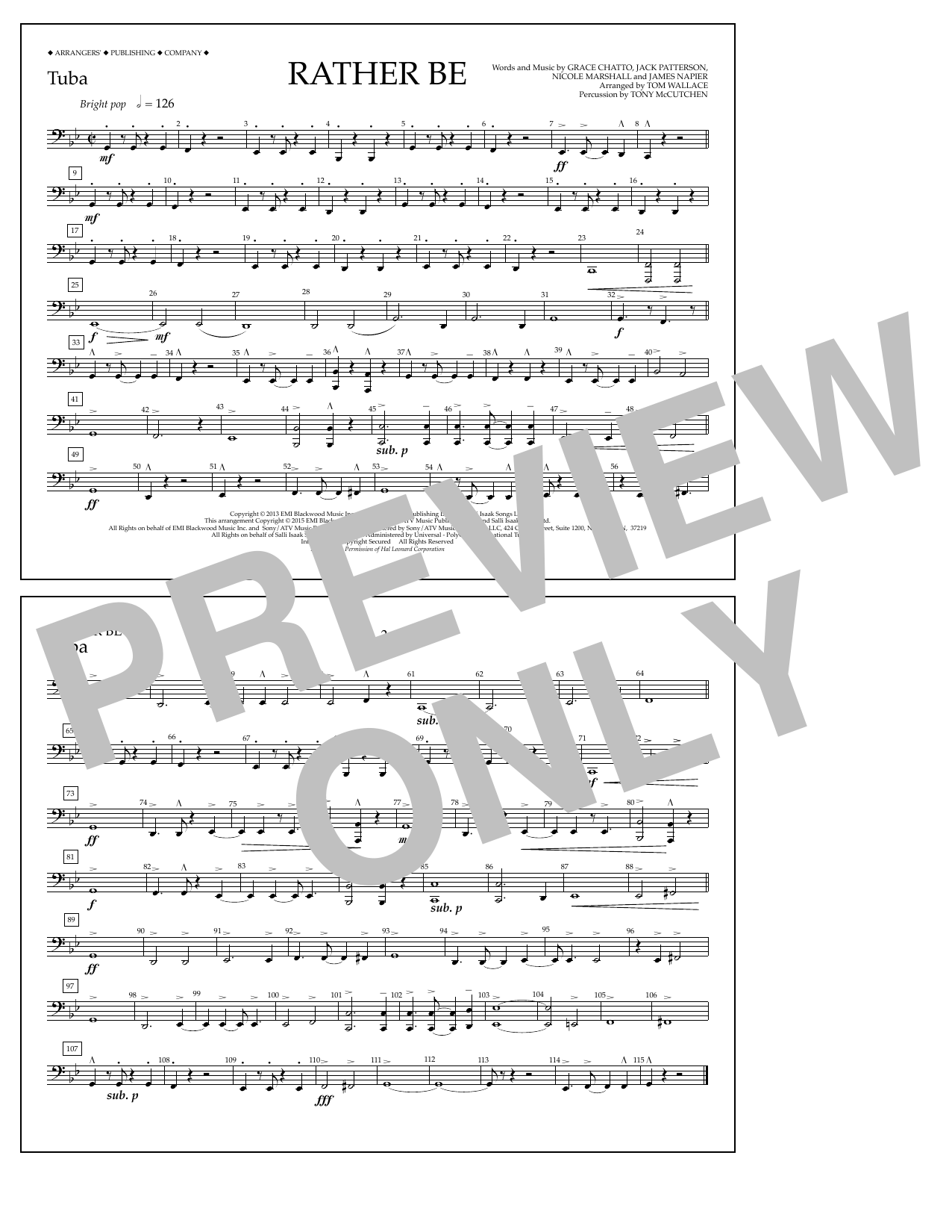 Tom Wallace Rather Be - Tuba Sheet Music Notes & Chords for Marching Band - Download or Print PDF