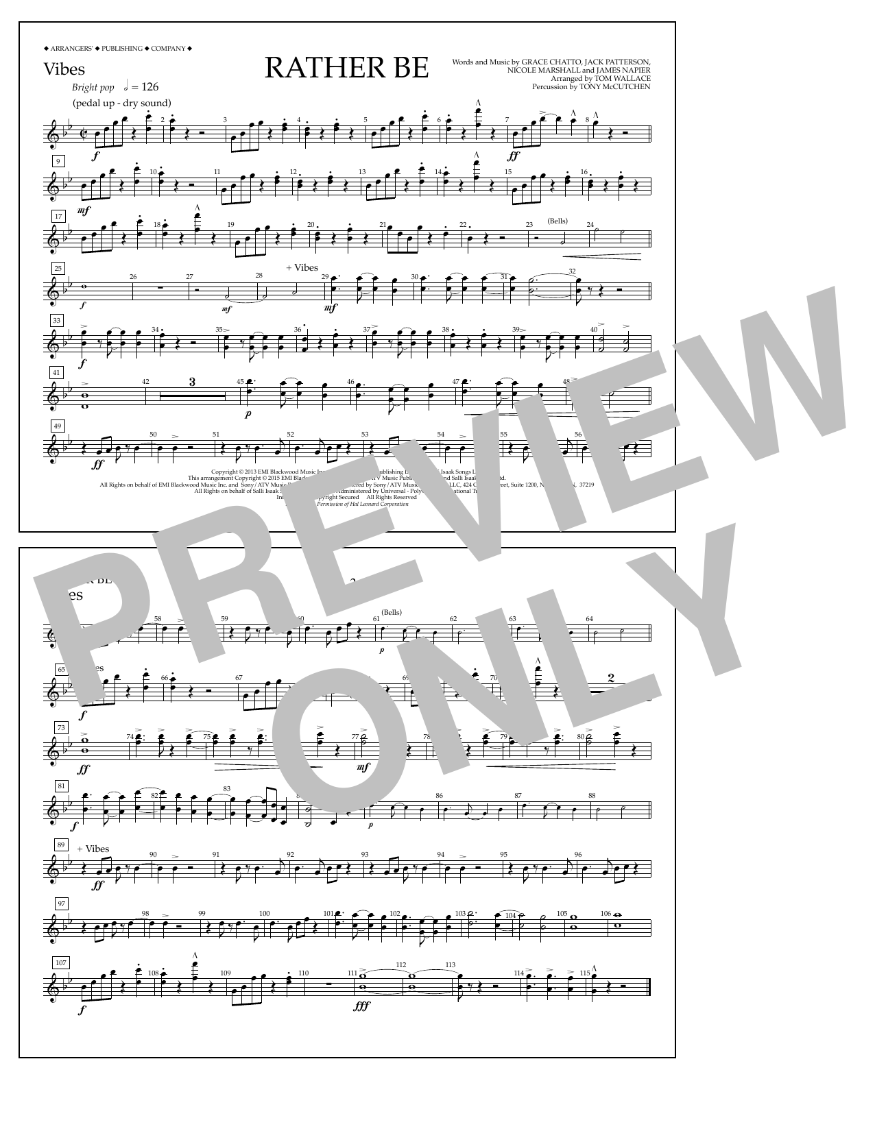 Tom Wallace Rather Be - Vibes Sheet Music Notes & Chords for Marching Band - Download or Print PDF
