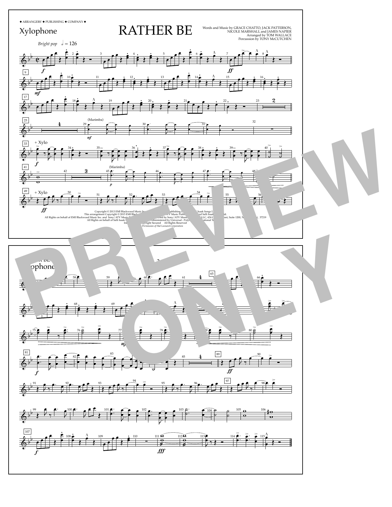 Tom Wallace Rather Be - Xylophone Sheet Music Notes & Chords for Marching Band - Download or Print PDF