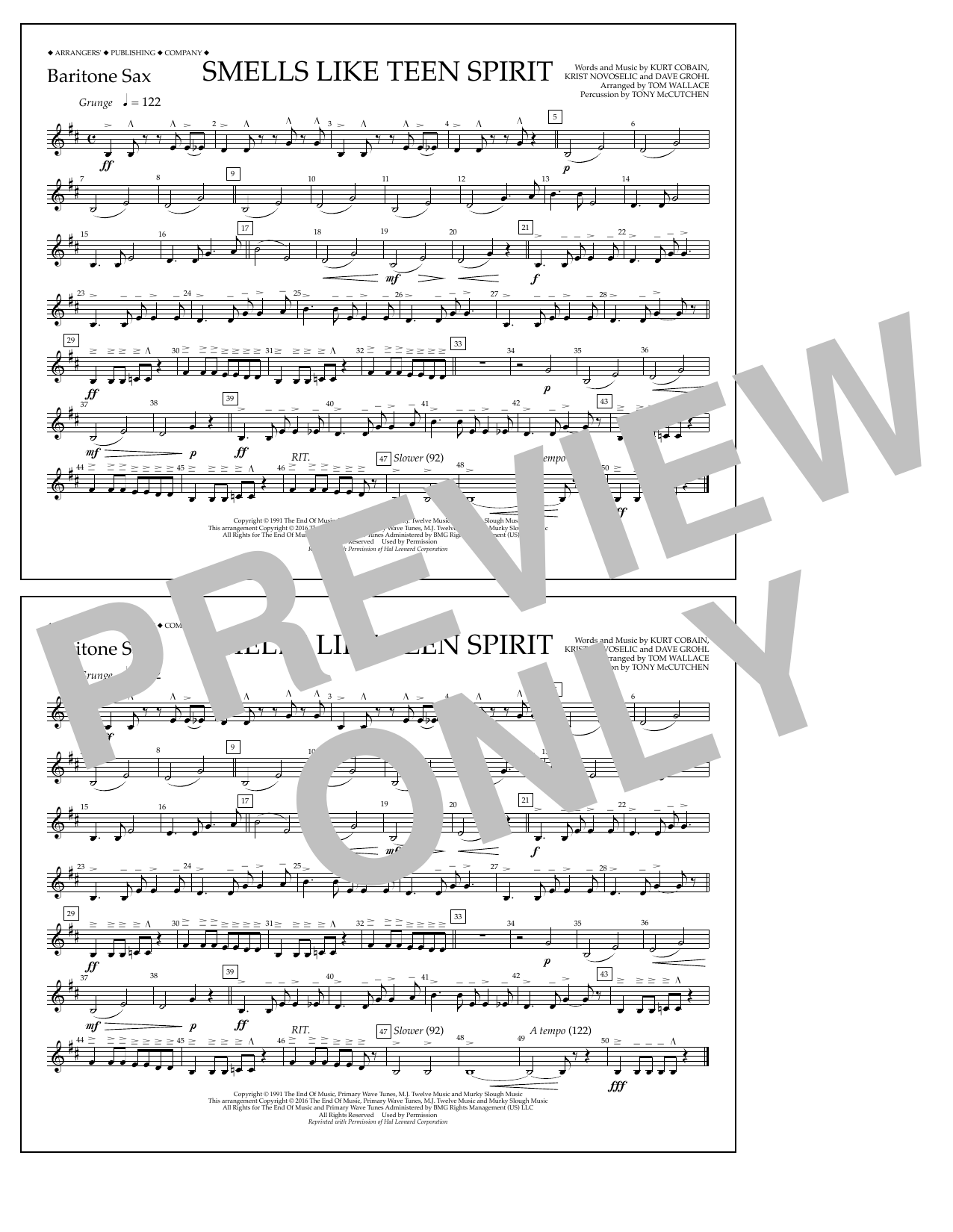 Tom Wallace Smells Like Teen Spirit - Baritone Sax Sheet Music Notes & Chords for Marching Band - Download or Print PDF