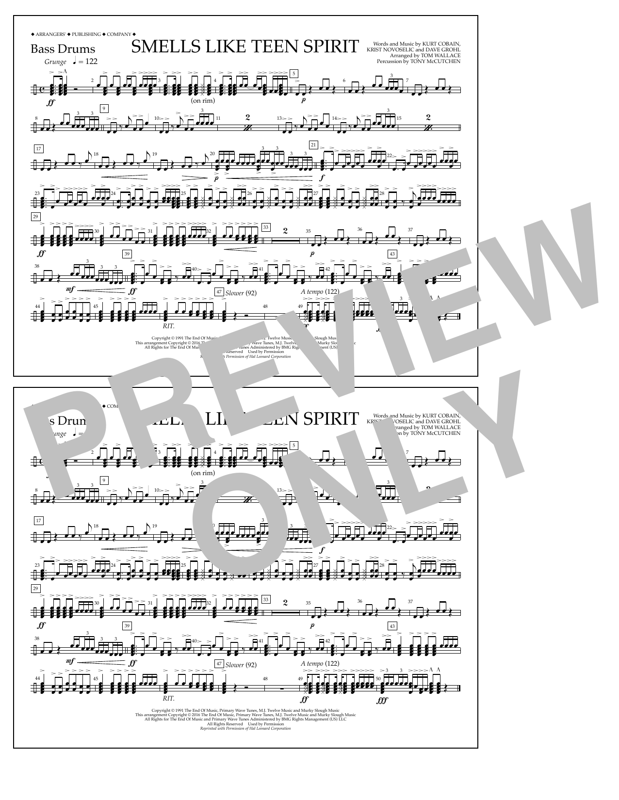 Tom Wallace Smells Like Teen Spirit - Bass Drums Sheet Music Notes & Chords for Marching Band - Download or Print PDF