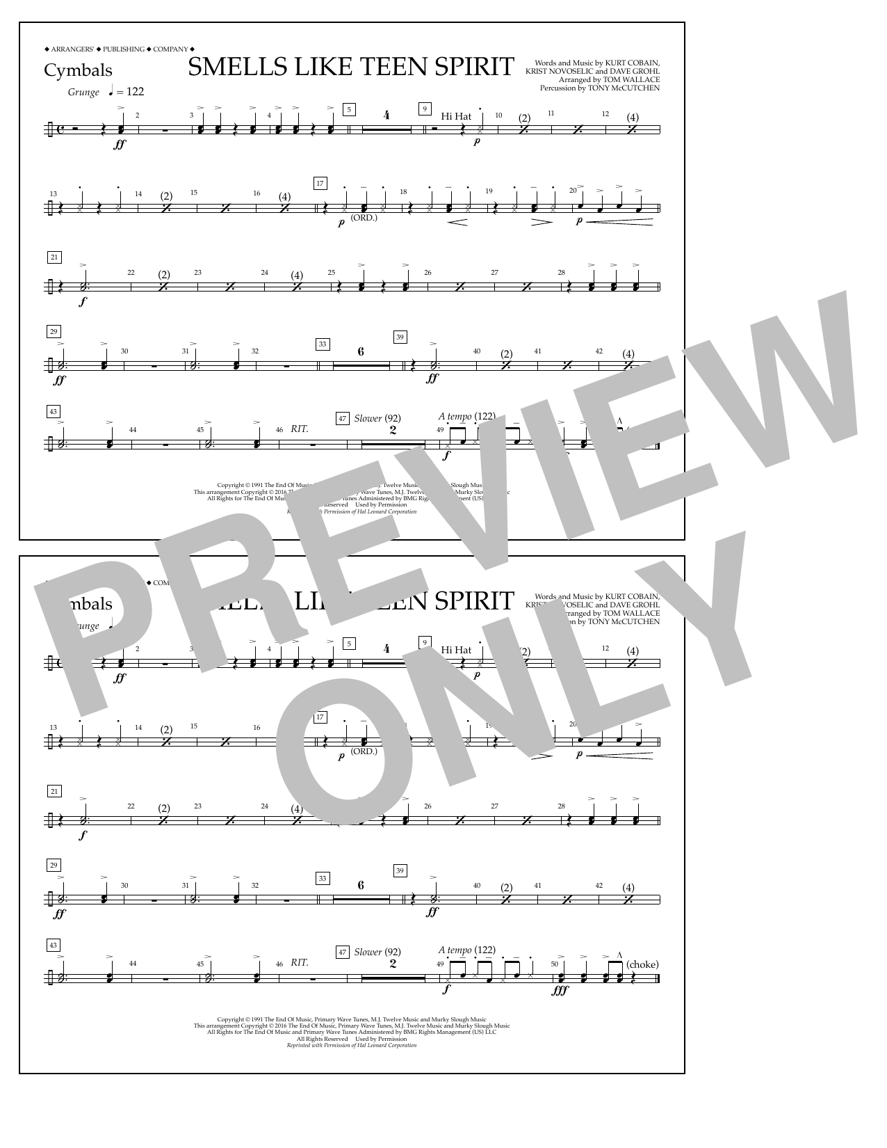 Tom Wallace Smells Like Teen Spirit - Cymbals Sheet Music Notes & Chords for Marching Band - Download or Print PDF