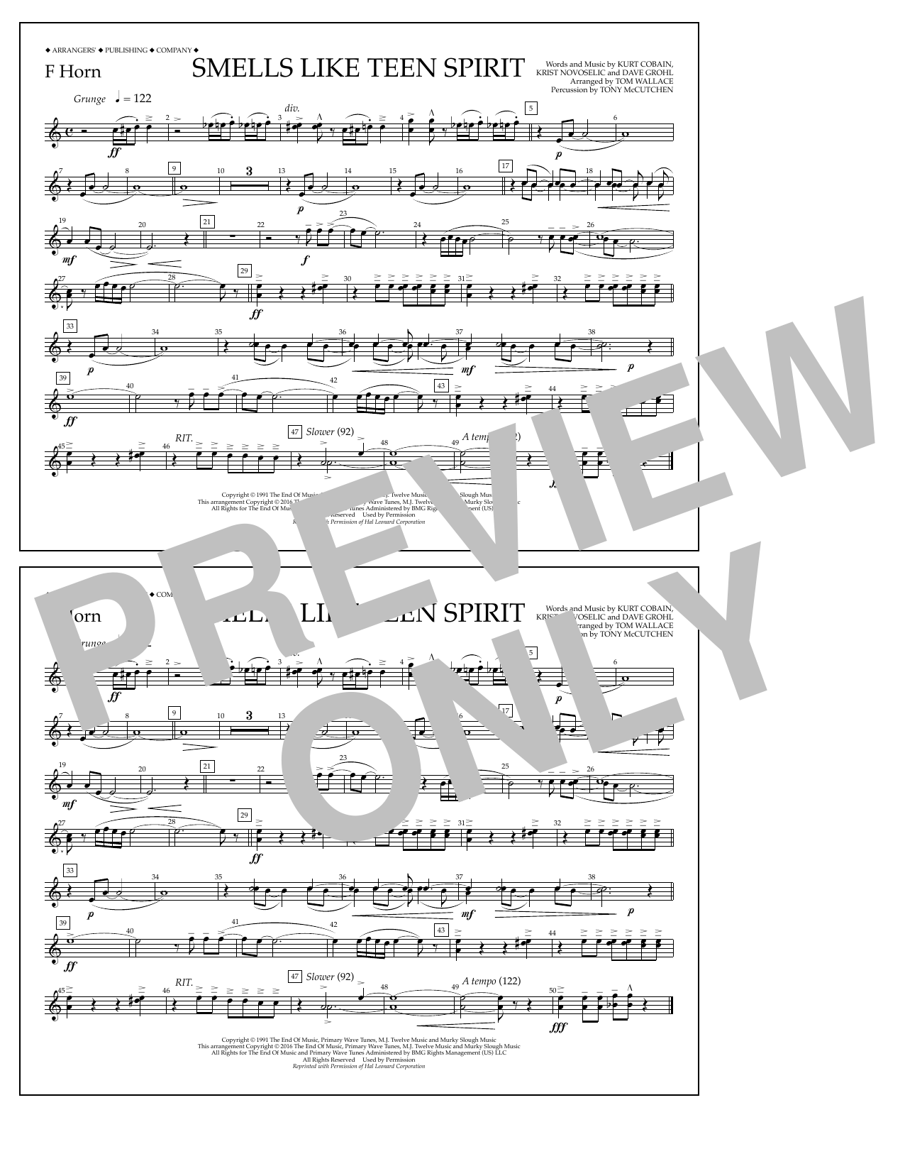 Tom Wallace Smells Like Teen Spirit - F Horn Sheet Music Notes & Chords for Marching Band - Download or Print PDF