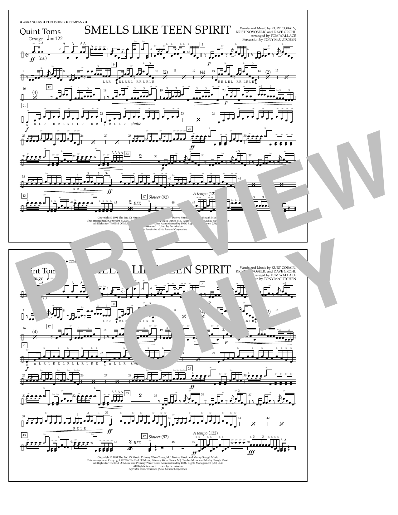 Tom Wallace Smells Like Teen Spirit - Quint-Toms Sheet Music Notes & Chords for Marching Band - Download or Print PDF