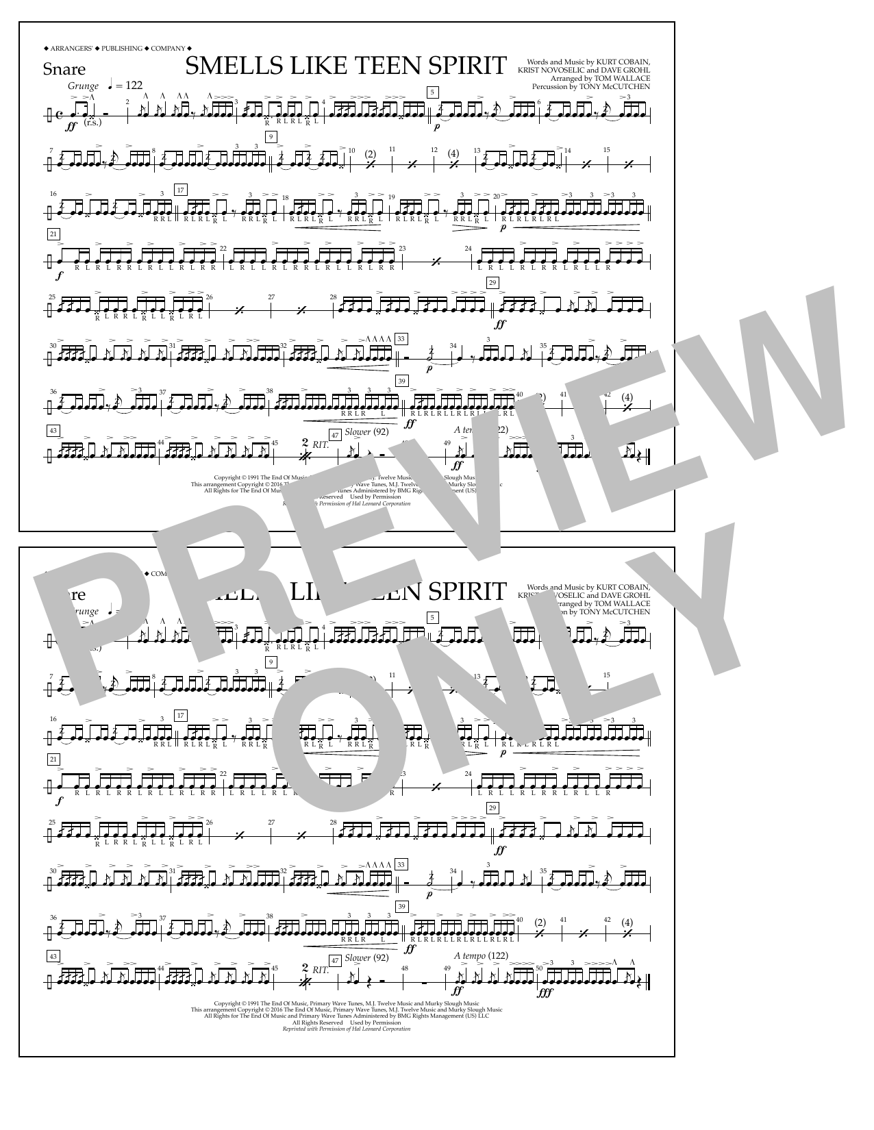 Tom Wallace Smells Like Teen Spirit - Snare Sheet Music Notes & Chords for Marching Band - Download or Print PDF