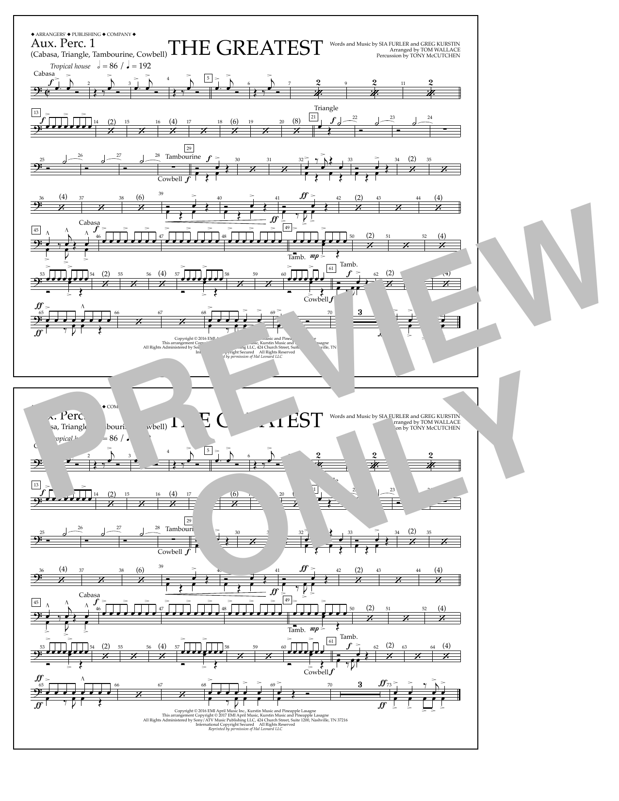 Tom Wallace The Greatest - Aux. Perc. 1 Sheet Music Notes & Chords for Marching Band - Download or Print PDF