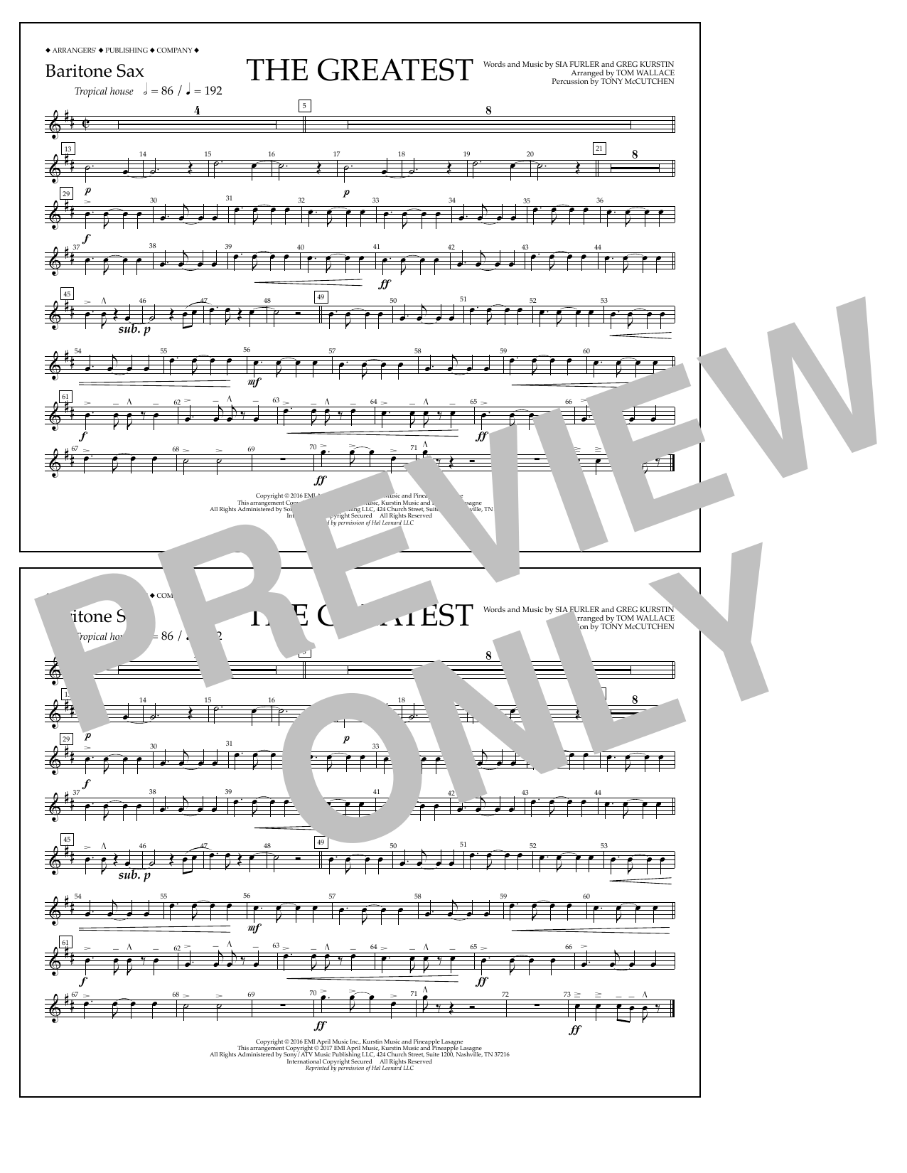Tom Wallace The Greatest - Baritone Sax Sheet Music Notes & Chords for Marching Band - Download or Print PDF