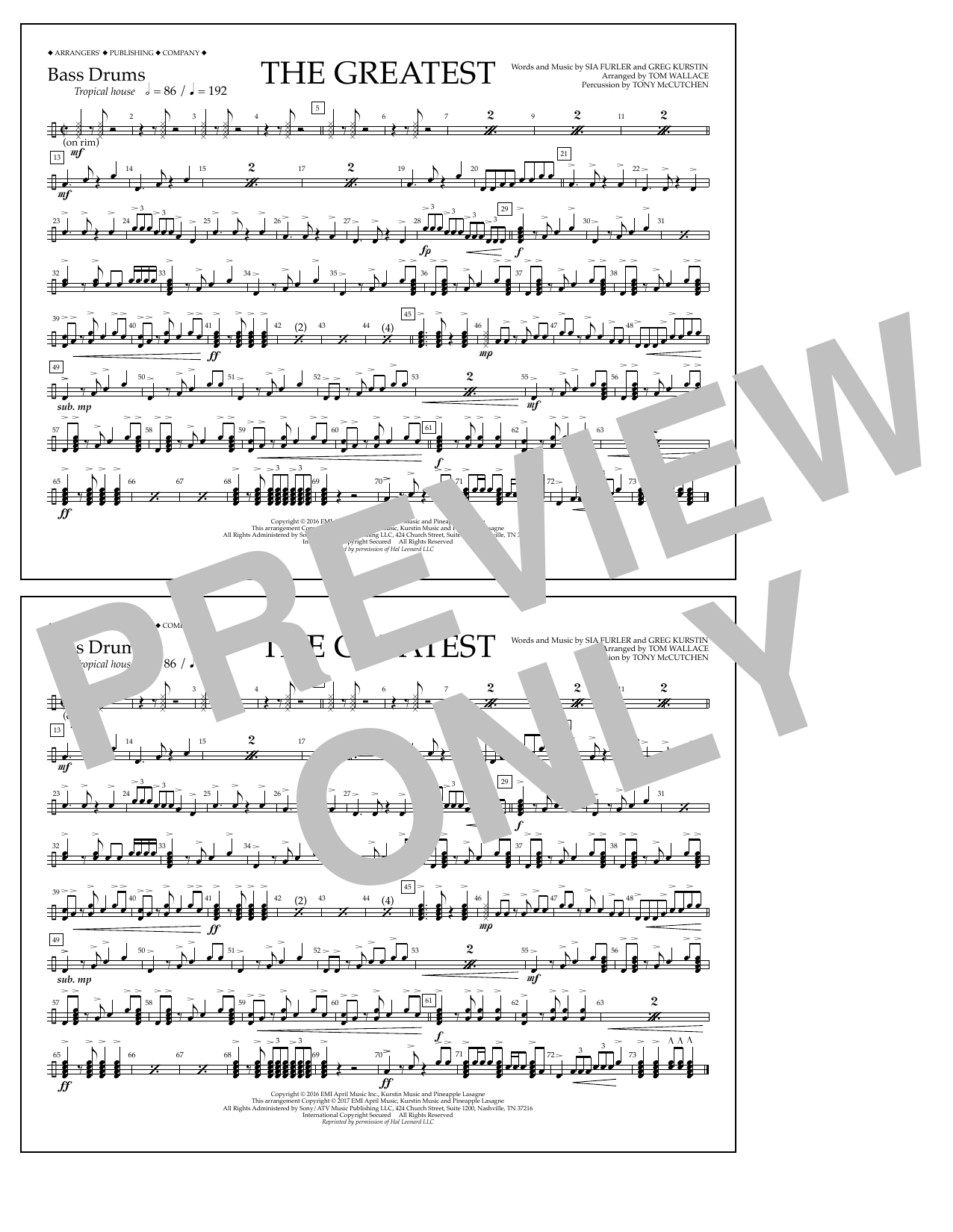 Tom Wallace The Greatest - Bass Drums Sheet Music Notes & Chords for Marching Band - Download or Print PDF