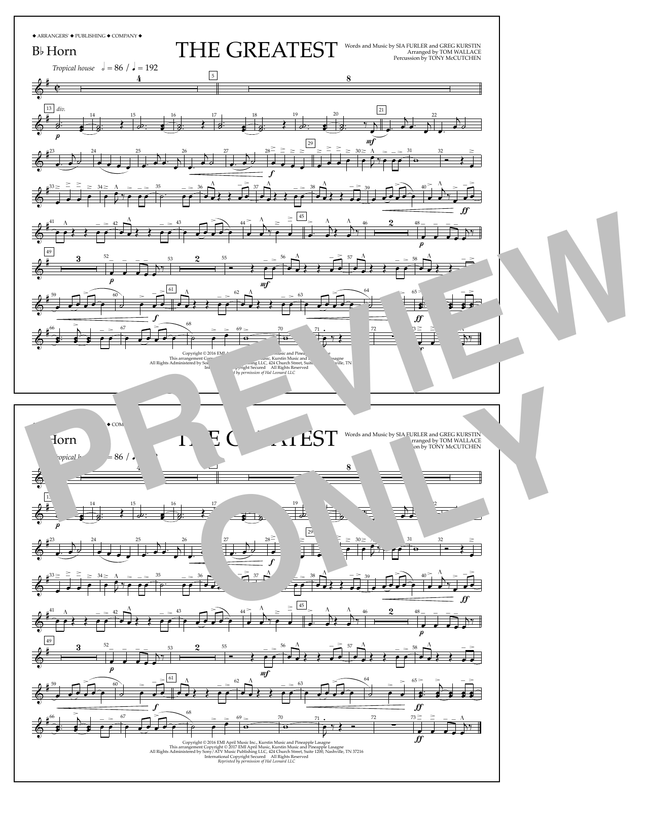 Tom Wallace The Greatest - Bb Horn Sheet Music Notes & Chords for Marching Band - Download or Print PDF