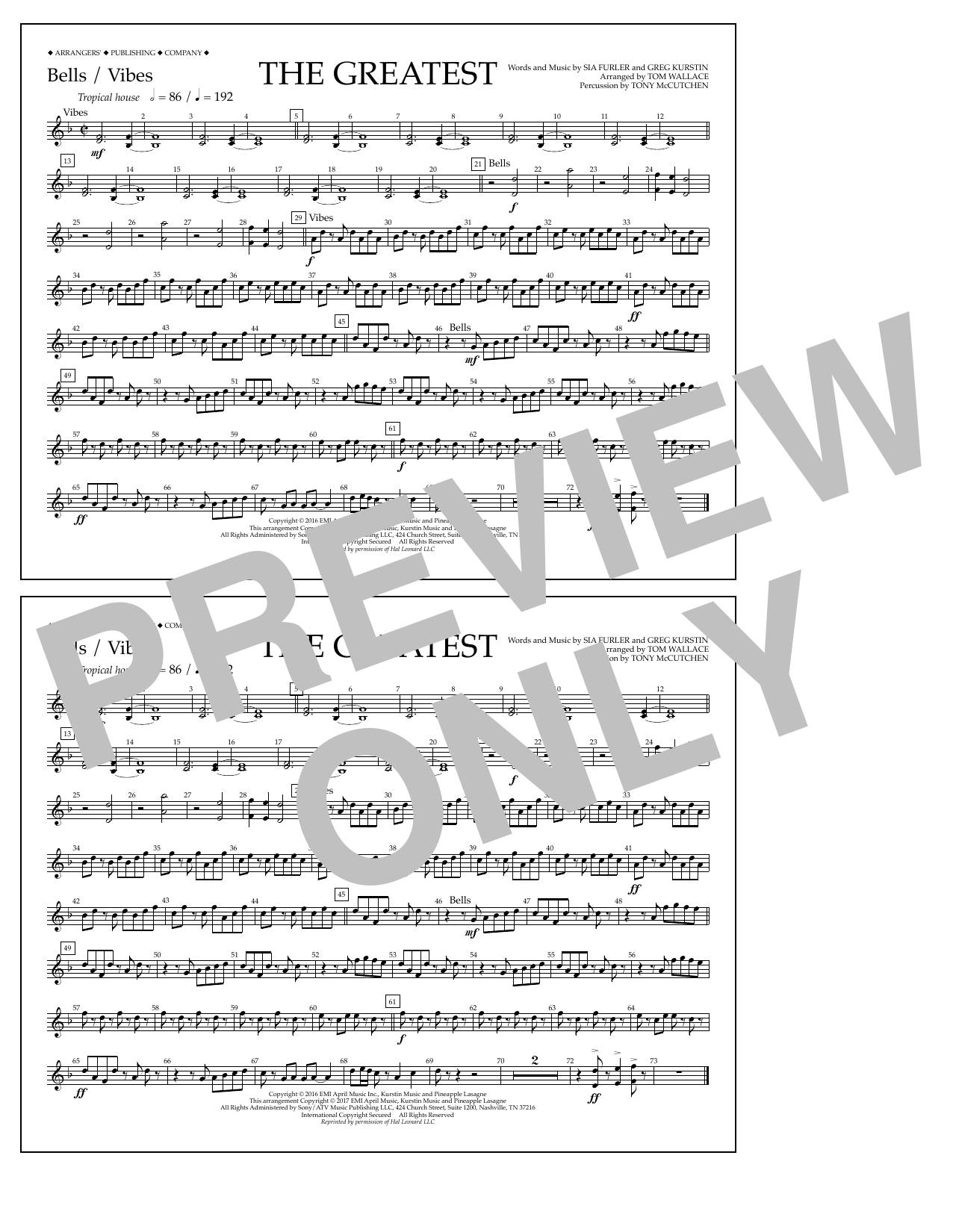 Tom Wallace The Greatest - Bells/Vibes Sheet Music Notes & Chords for Marching Band - Download or Print PDF