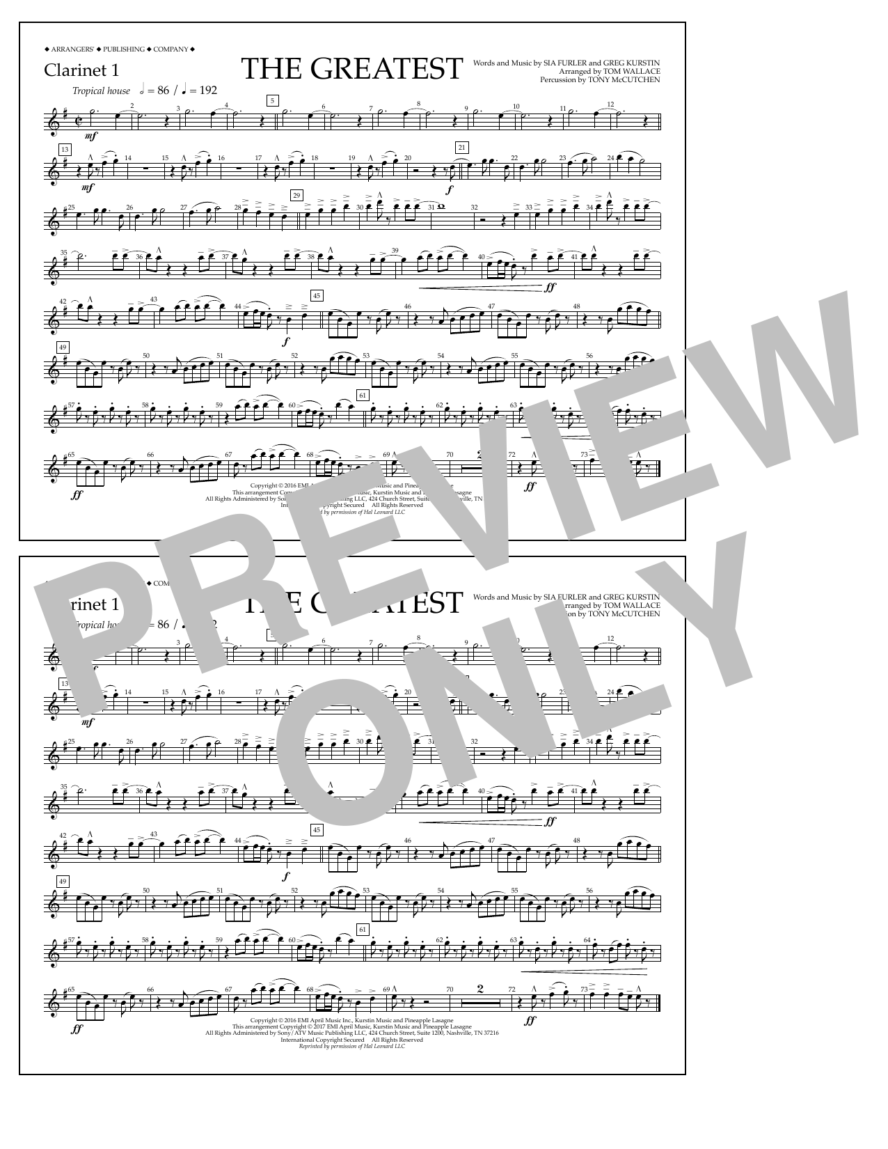 Tom Wallace The Greatest - Clarinet 1 Sheet Music Notes & Chords for Marching Band - Download or Print PDF