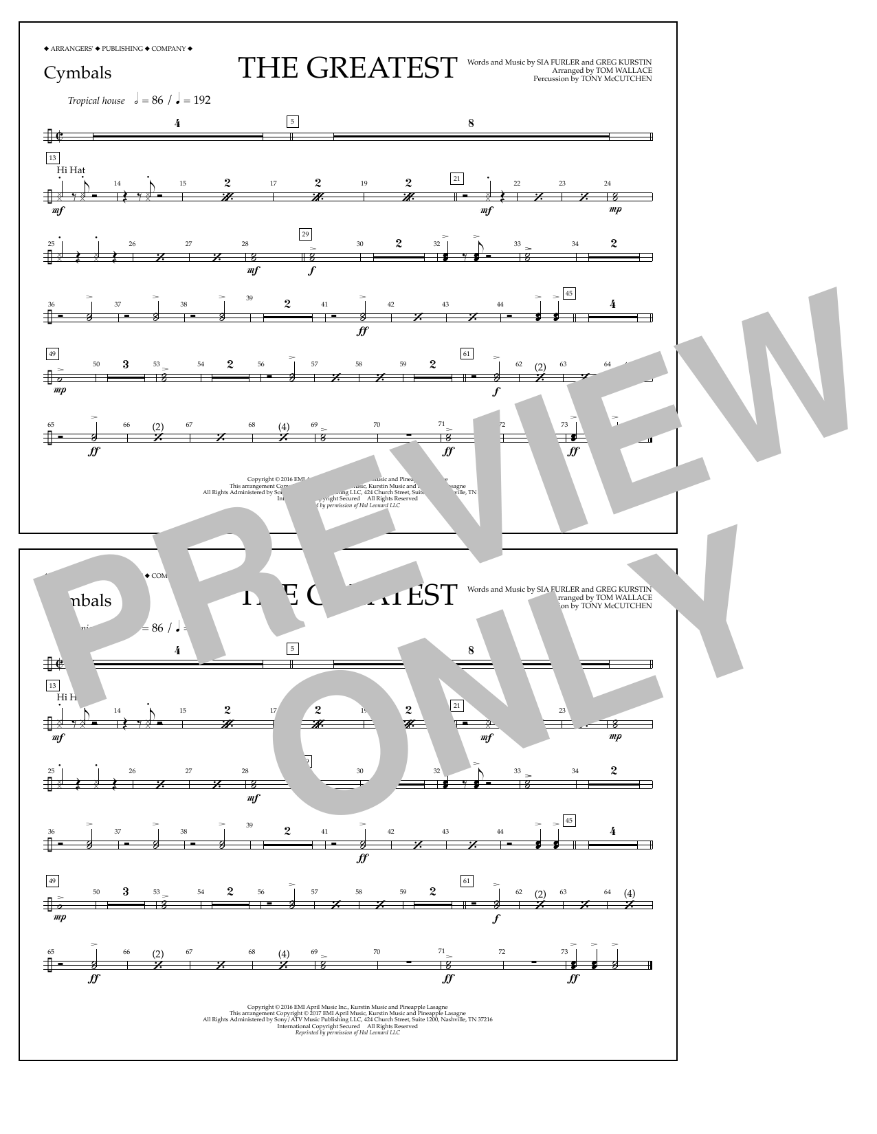 Tom Wallace The Greatest - Cymbals Sheet Music Notes & Chords for Marching Band - Download or Print PDF