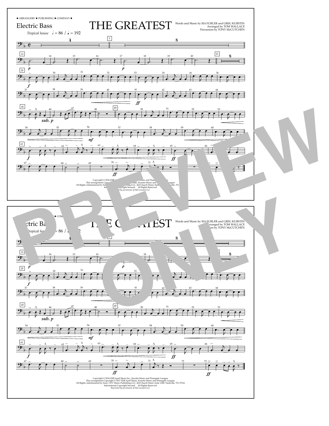 Tom Wallace The Greatest - Electric Bass Sheet Music Notes & Chords for Marching Band - Download or Print PDF