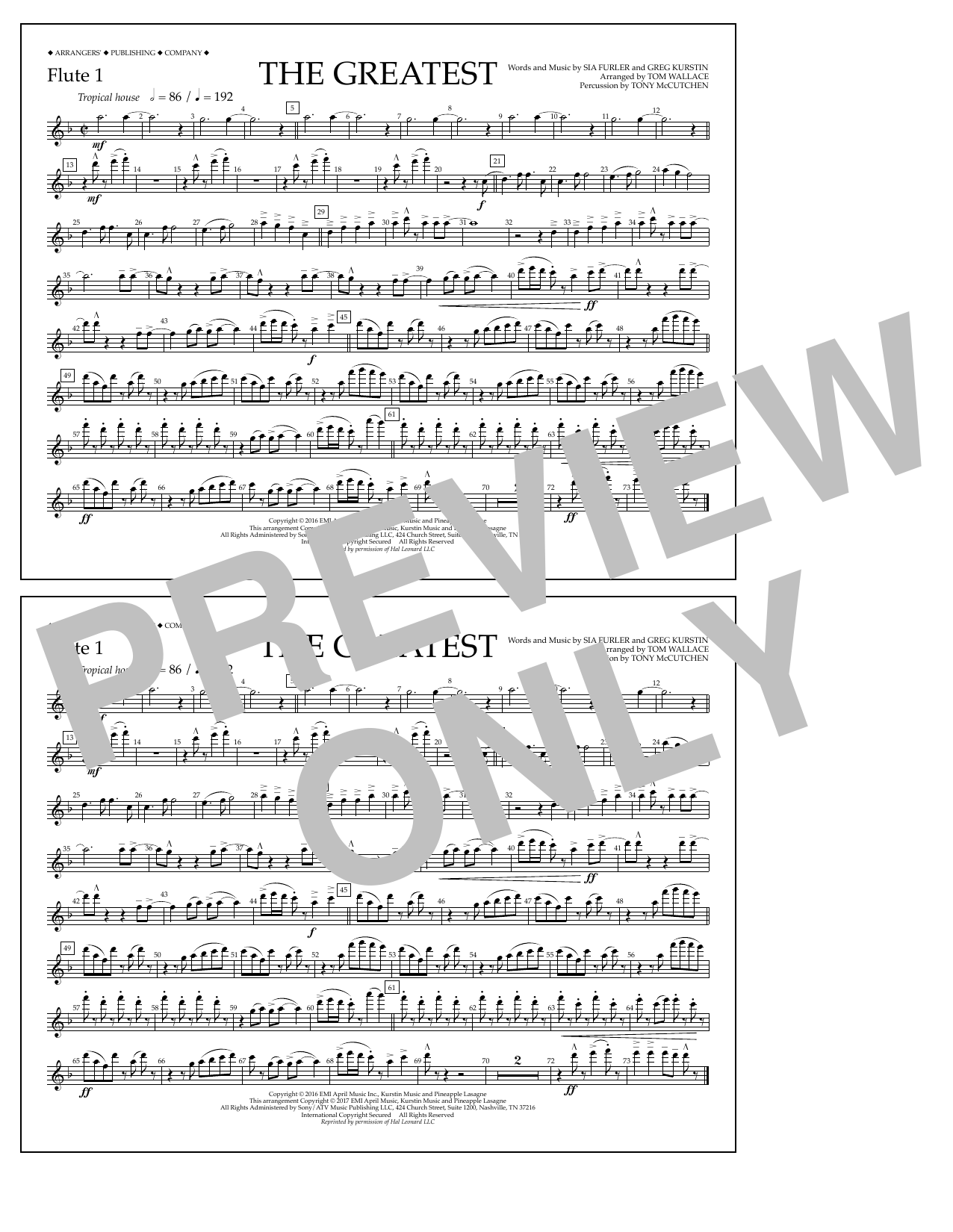 Tom Wallace The Greatest - Flute 1 Sheet Music Notes & Chords for Marching Band - Download or Print PDF