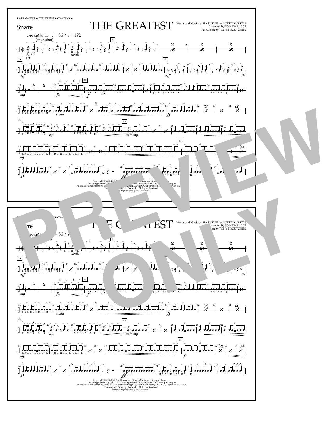 Tom Wallace The Greatest - Snare Sheet Music Notes & Chords for Marching Band - Download or Print PDF